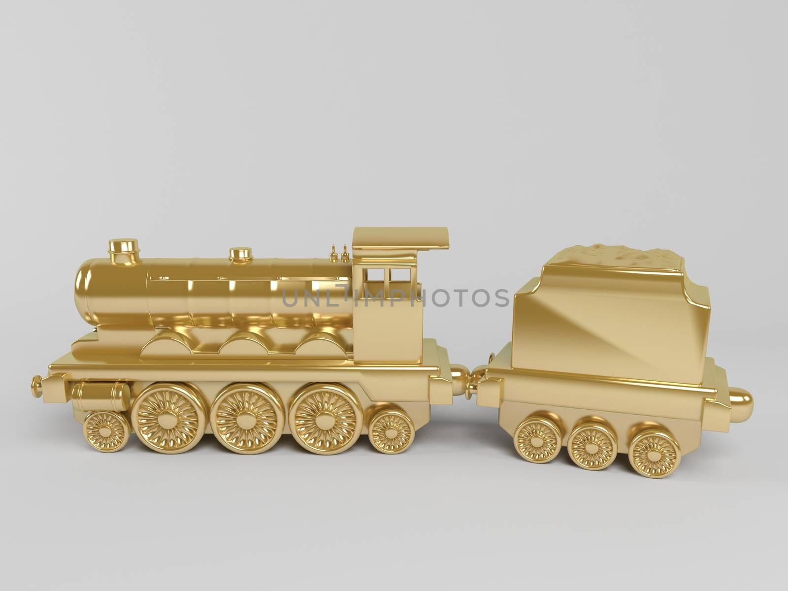 3d rendering of golden toy train isolated on white
