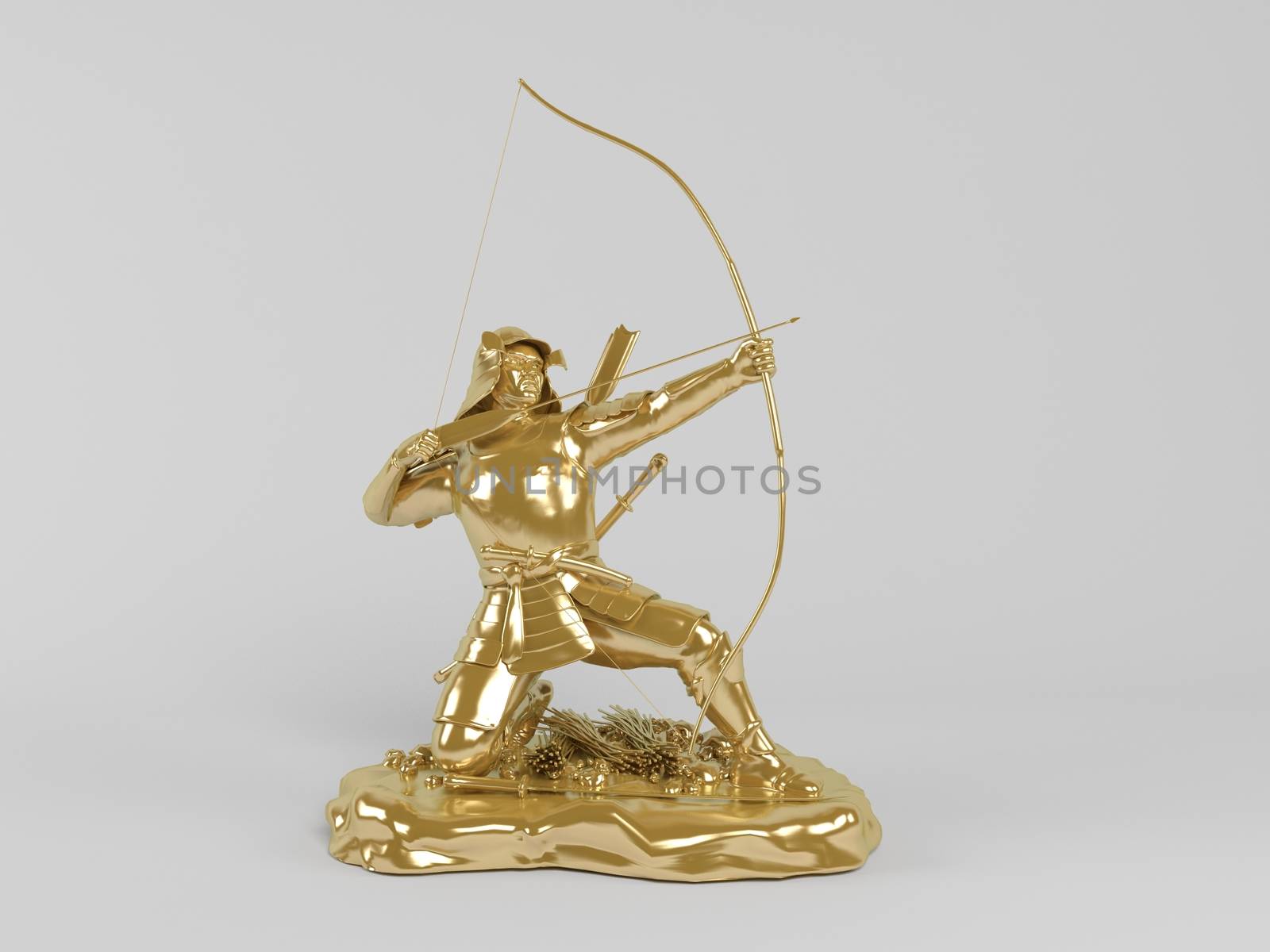 3d rendering of a golden statue painted with gold in on a white scene background