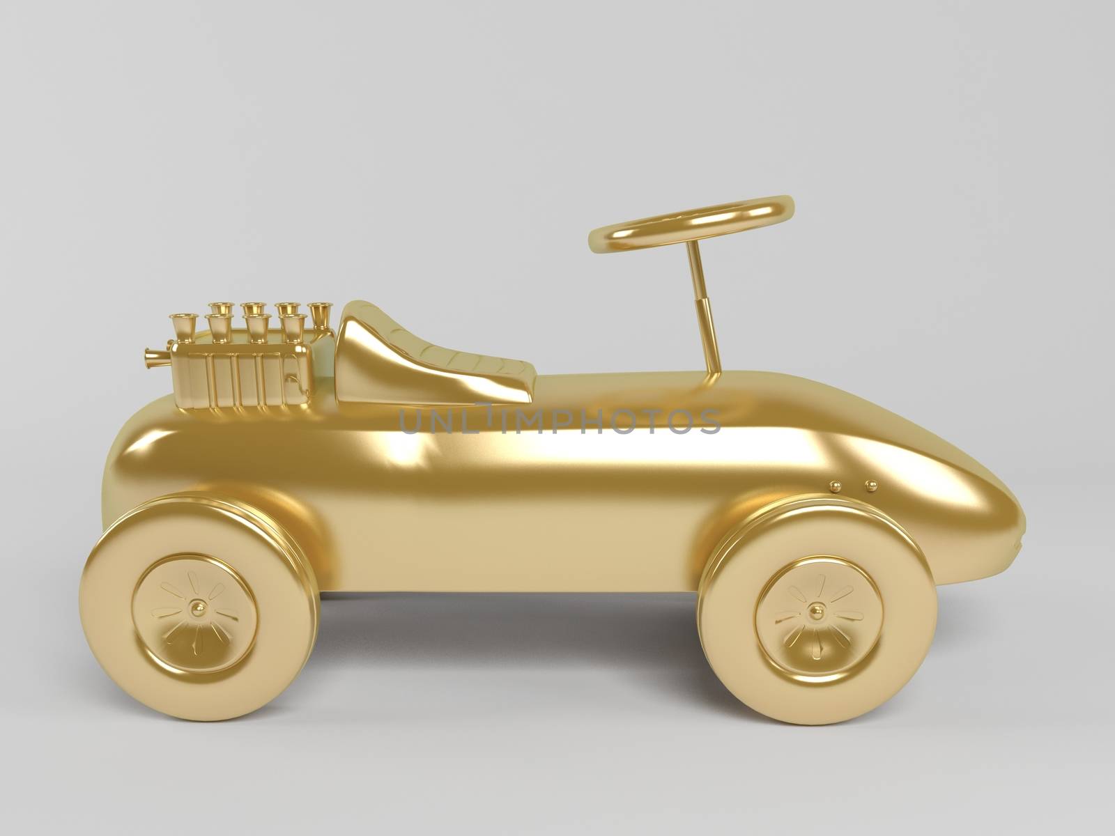 3d rendering of golden toy car isolated on white