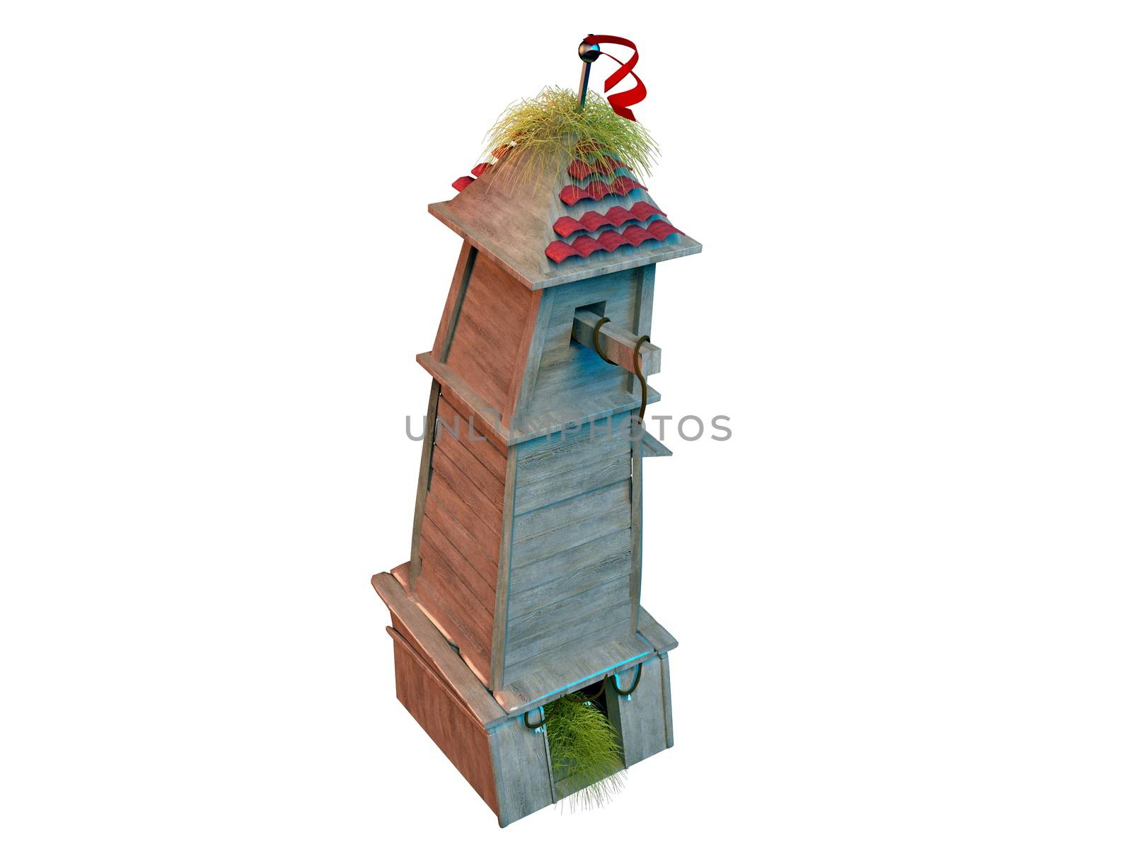 3d rendering of fantasy tower building with hay and woods and a red flag