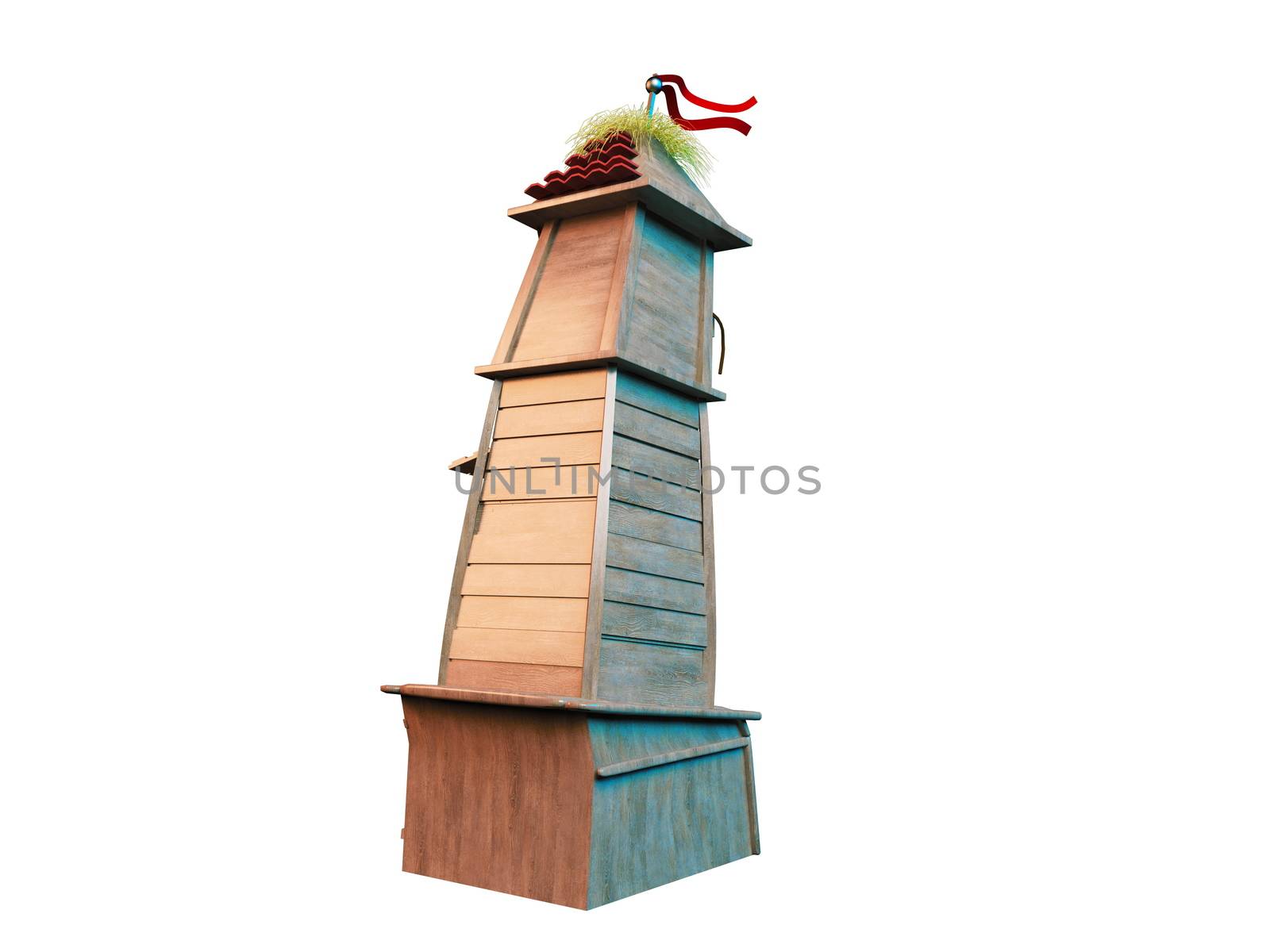 3d rendering of fantasy tower building with hay and woods and a red flag