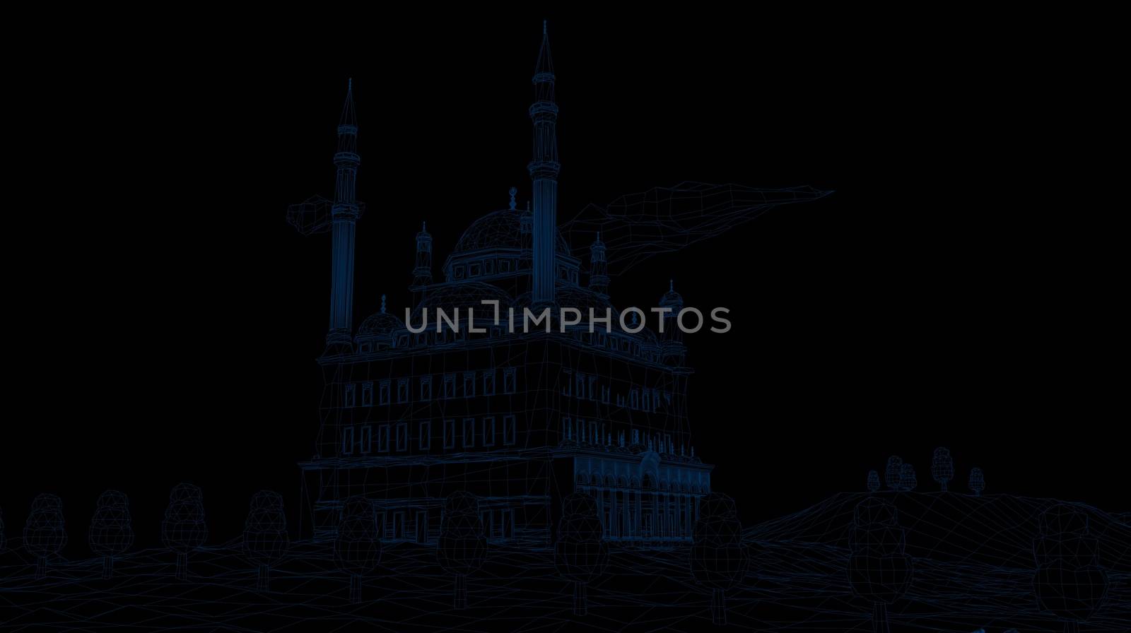 3d rendering of wireframed scene inside a black scene with outlined lines