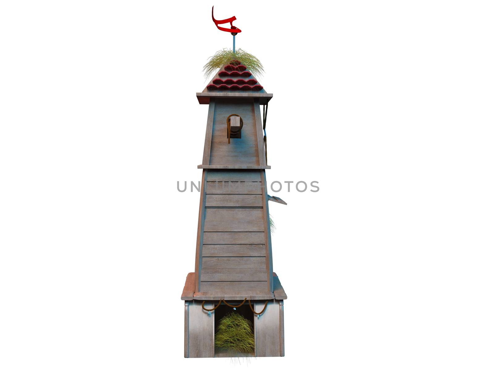 3d rendering of fantasy tower building with hay and woods and a red flag