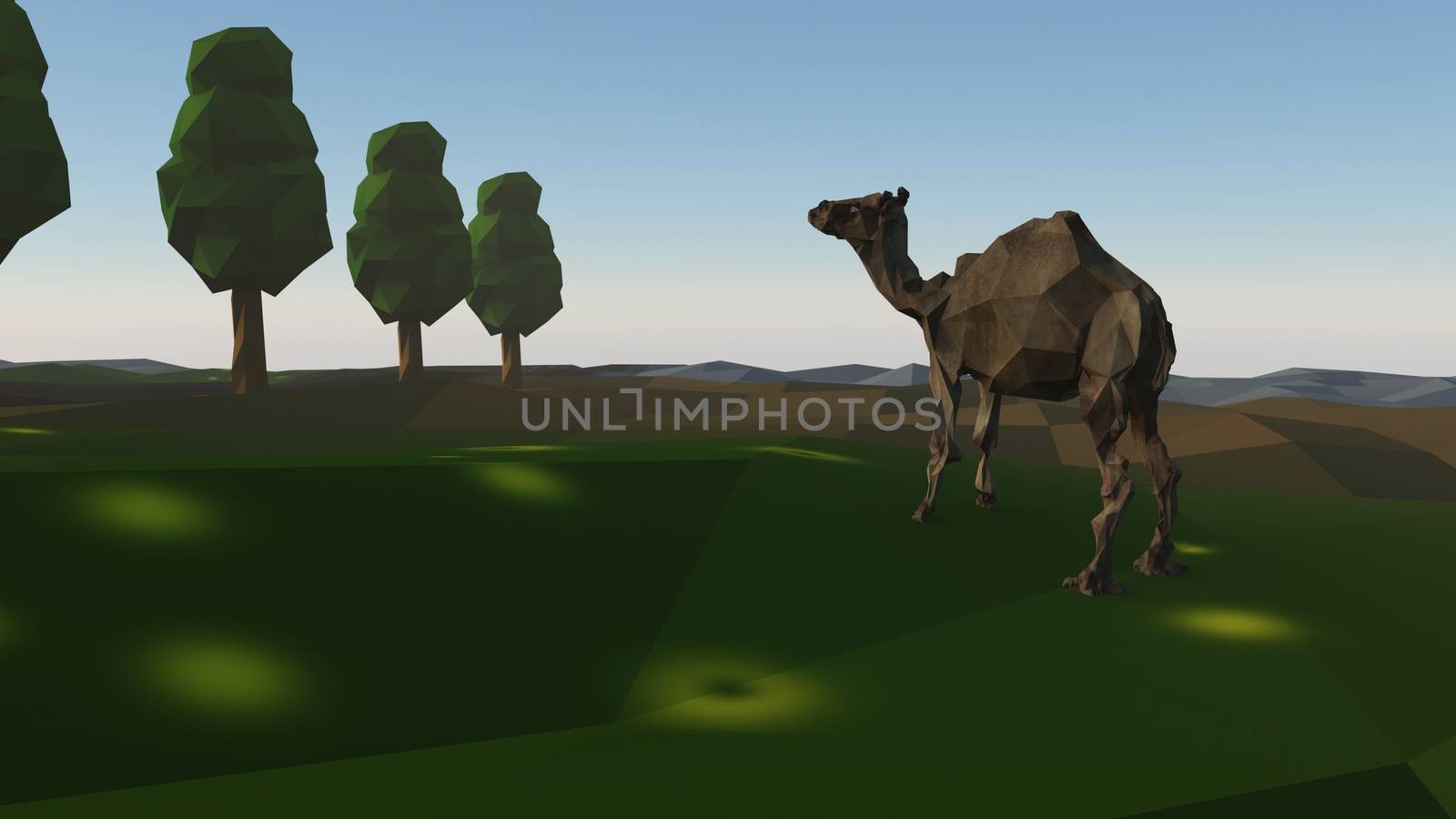 3d rendering of group of low poly stylized trees and a camel. with realistic shadows on white background. 