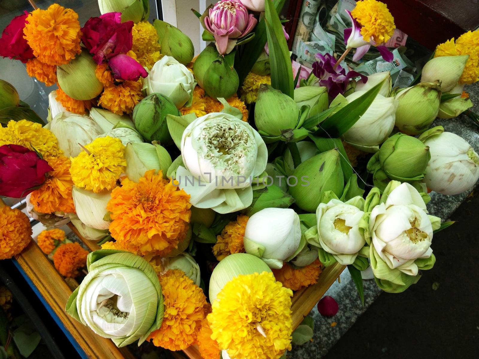 Colorful of Marigold, Lotus and Flowers for Praying