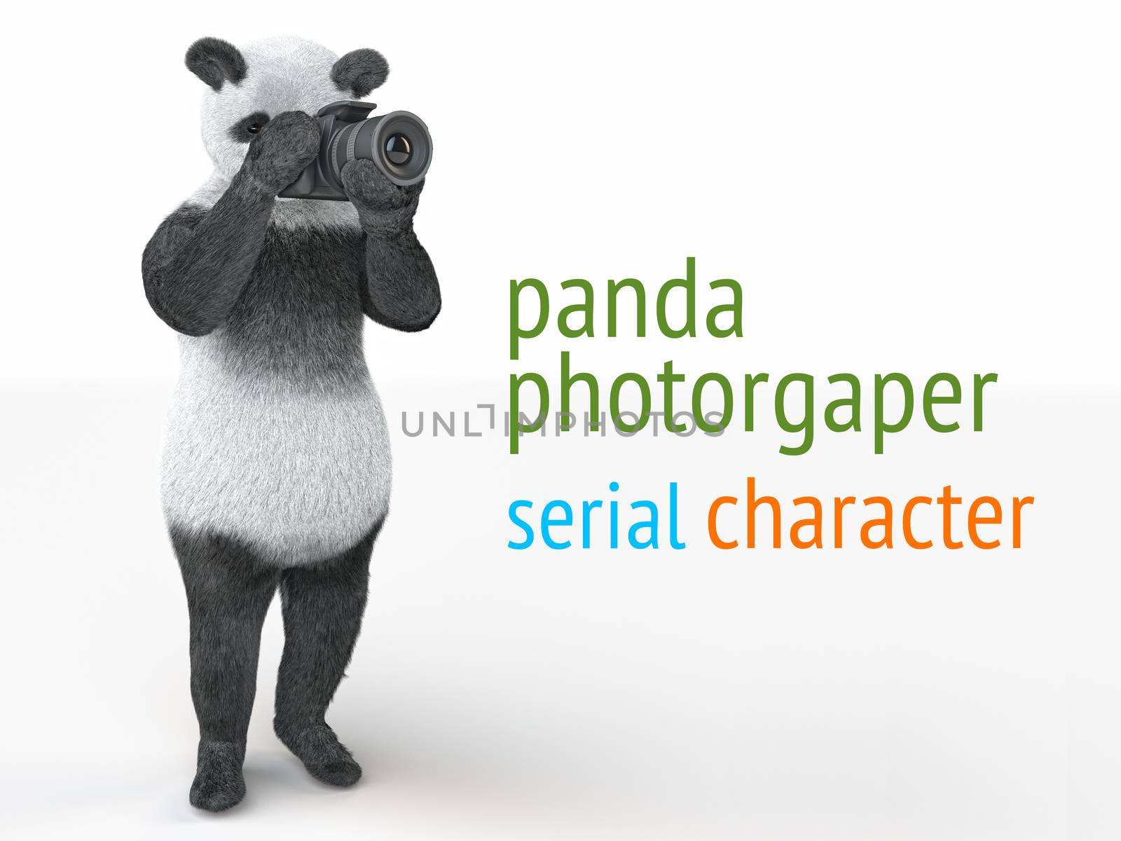 animal photographer character bamboo panda teddy bear standing on two legs straight and keeps feet from muzzle professional camera. main protagonist is going to take picture of an empty white space.