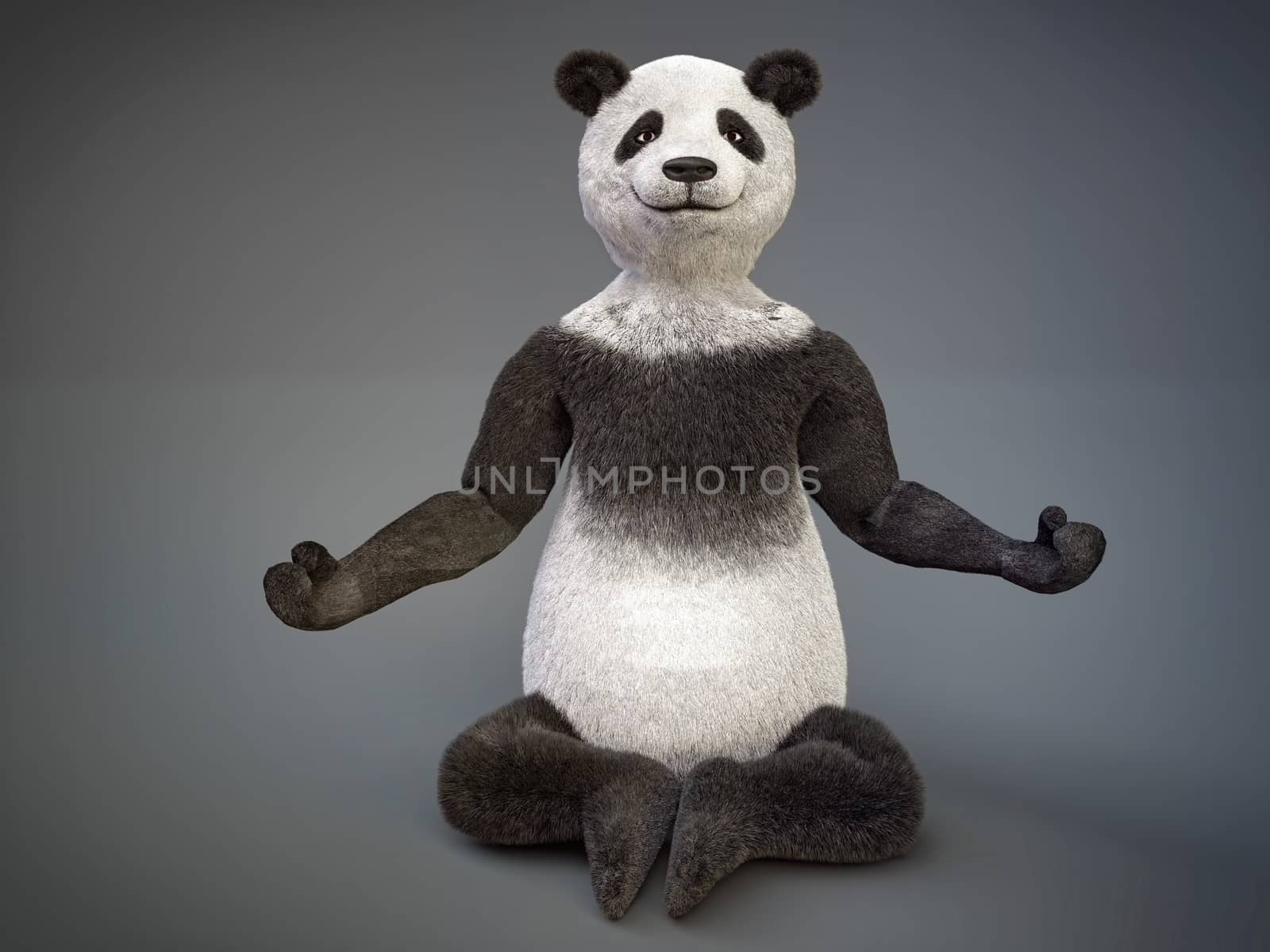 Chinese animal big bamboo panda sitting lotus position, legs folded under him. Character practicing meditation classes, finding themselves, achieving nirvana enlightenment. pacified bear sat yoga pose