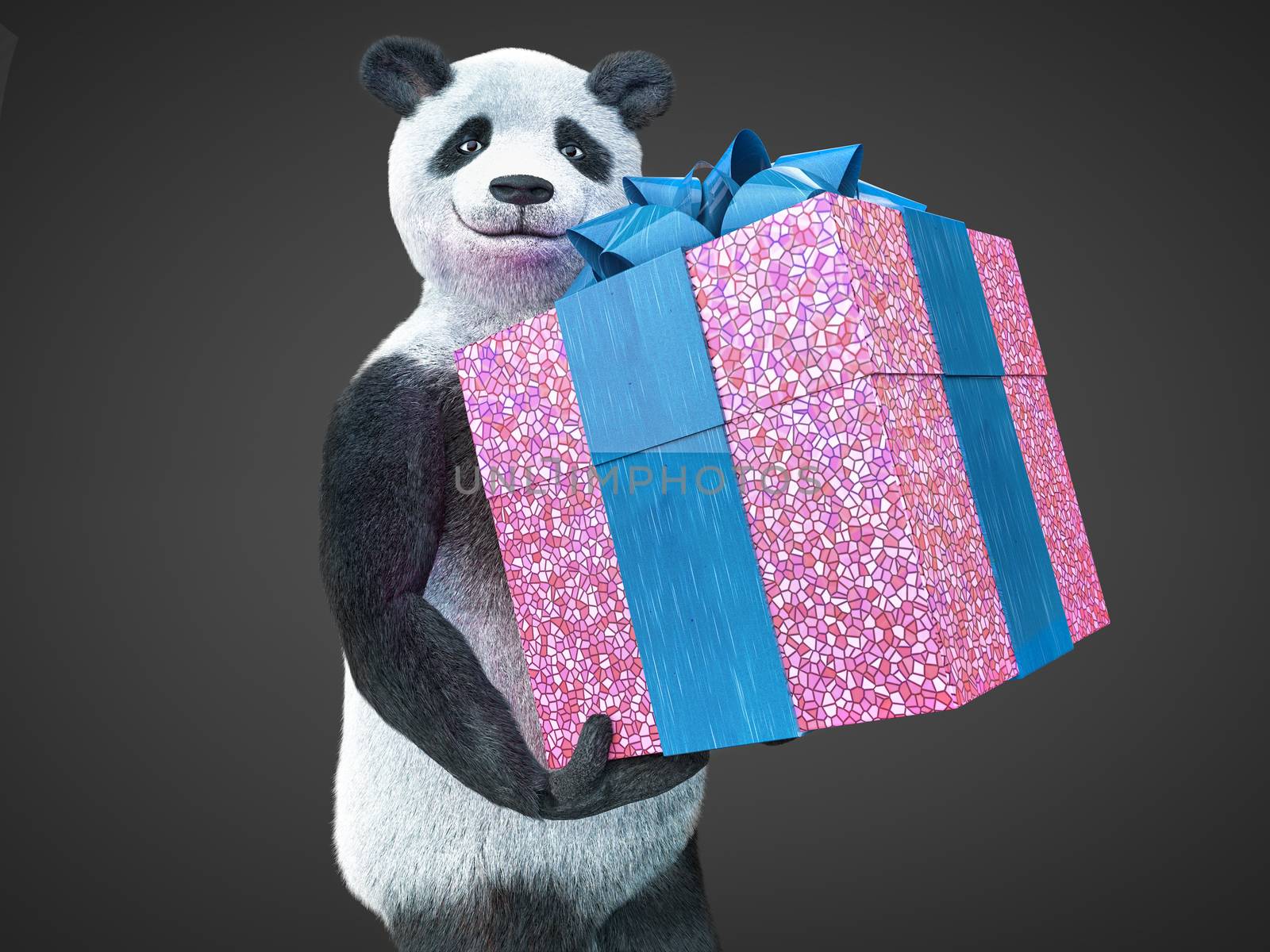 panda animail character gift box surprise holidays standing on dark background isolated download buy picture by xtate