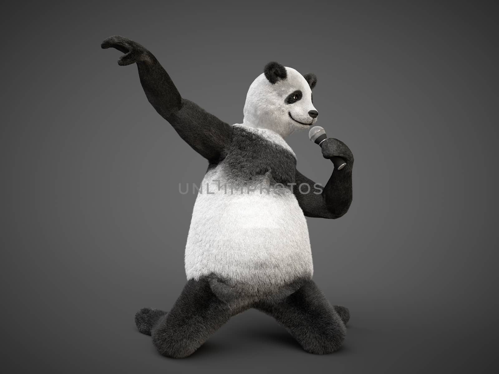 singer personage illustration giant panda bamboo kneeling and holding mic to his mouth, pretending sing. illustration about counterfeit performances phonogram. Plush toy closed mouth pretends sing
