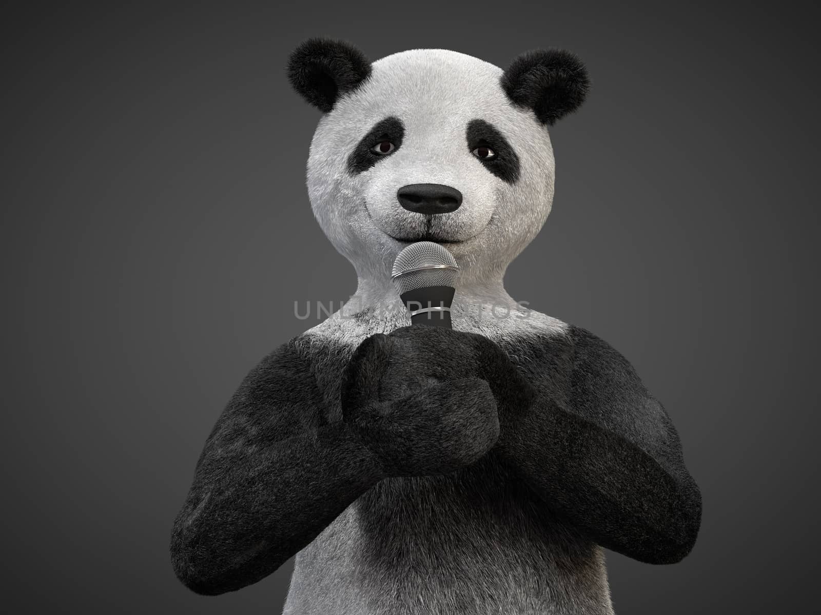 illustration panda with microphone in paws on dark isolated background. showman personage Bear is frontally to camera with smile keeps device for capturing sound. performance fluffy singer.