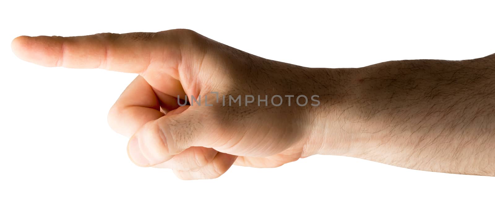 Human hand pointing on isolated white background