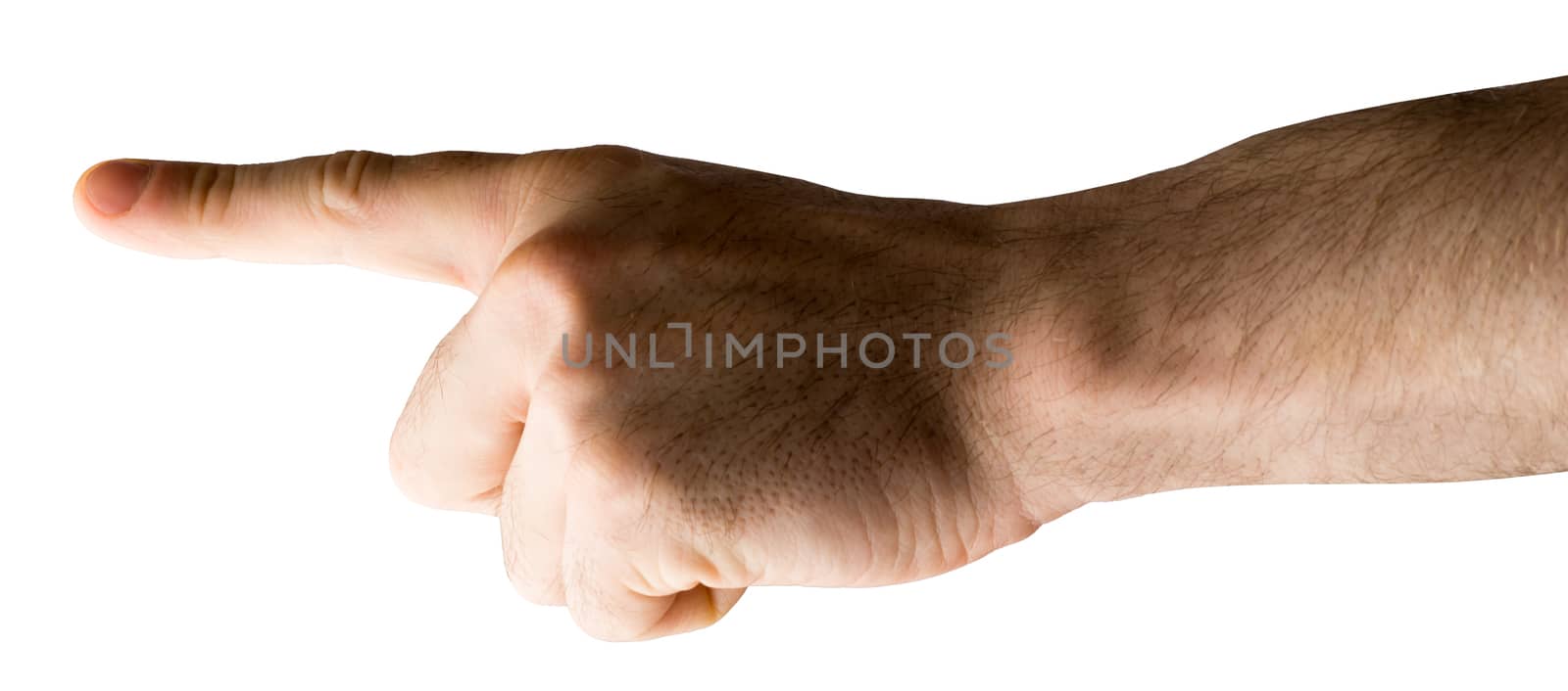 Human hand pointing on isolated white background