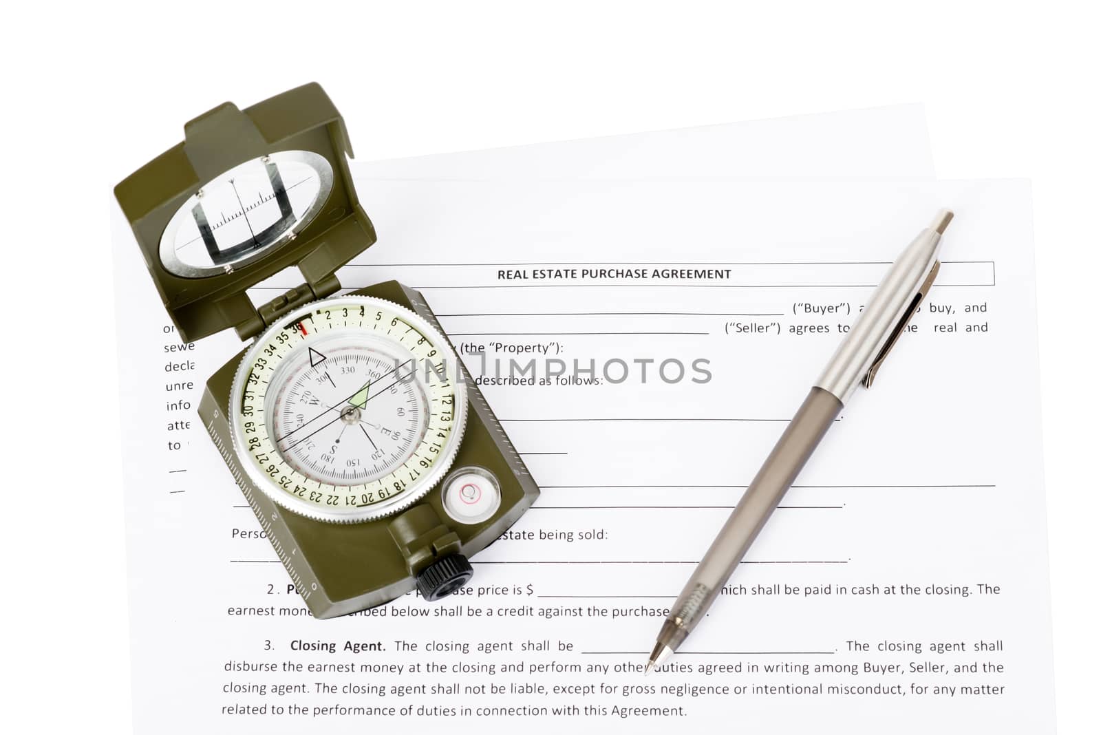 Documents with compass and pen on isolated white background