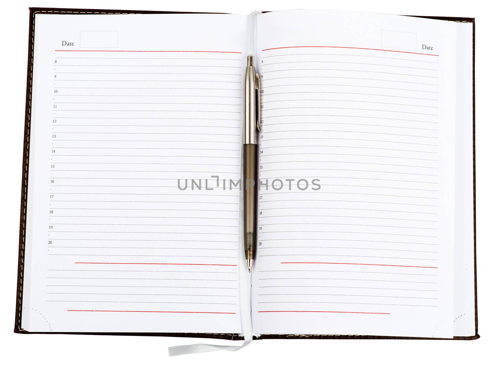 Open leather daily planner with pen on isolated white background