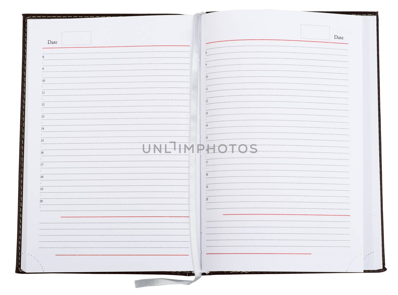 Open leather daily planner with on isolated white background