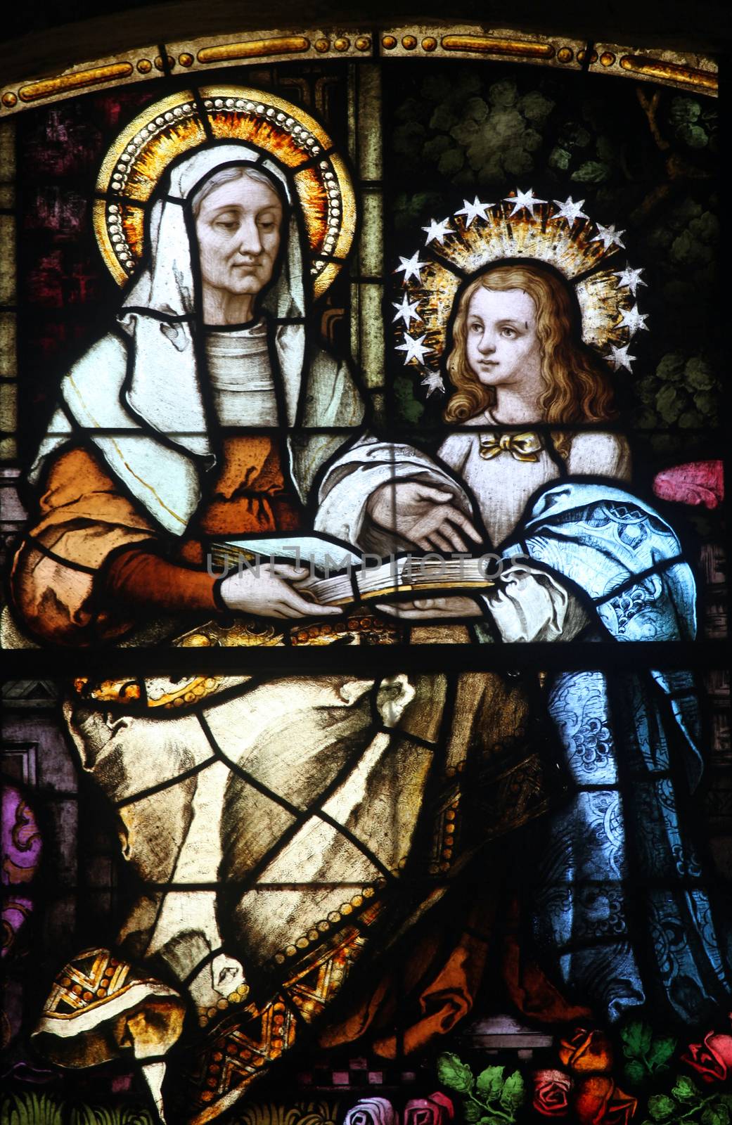 Saint Ann, stained glass window in the Catholic Church of the Birth of the Virgin Mary in Prcanj, Montenegro