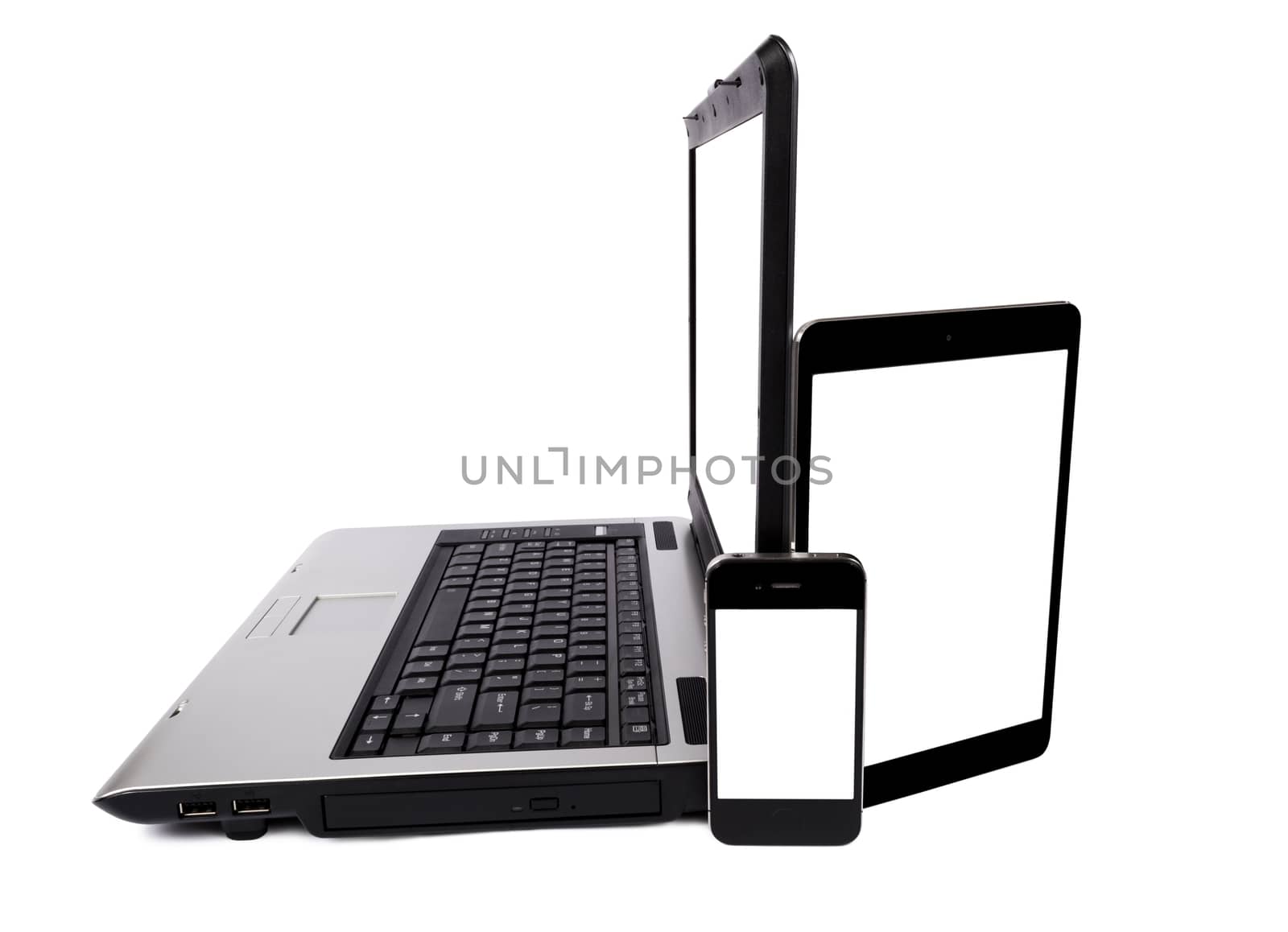 Combination of a laptop, tablet and mobile smart phone.  All with isolated blank screens for your copy.
