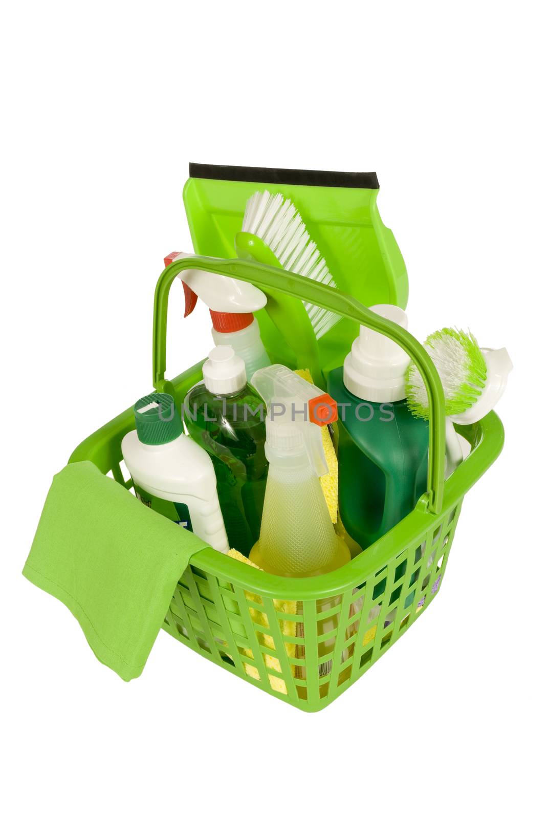 Environmentally safe green cleaning supplies.  Isolated on white.