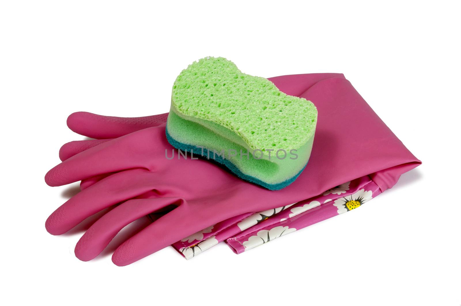 Horizontal shot of pink rubber latex gloves with bright green sponge isolated on white.