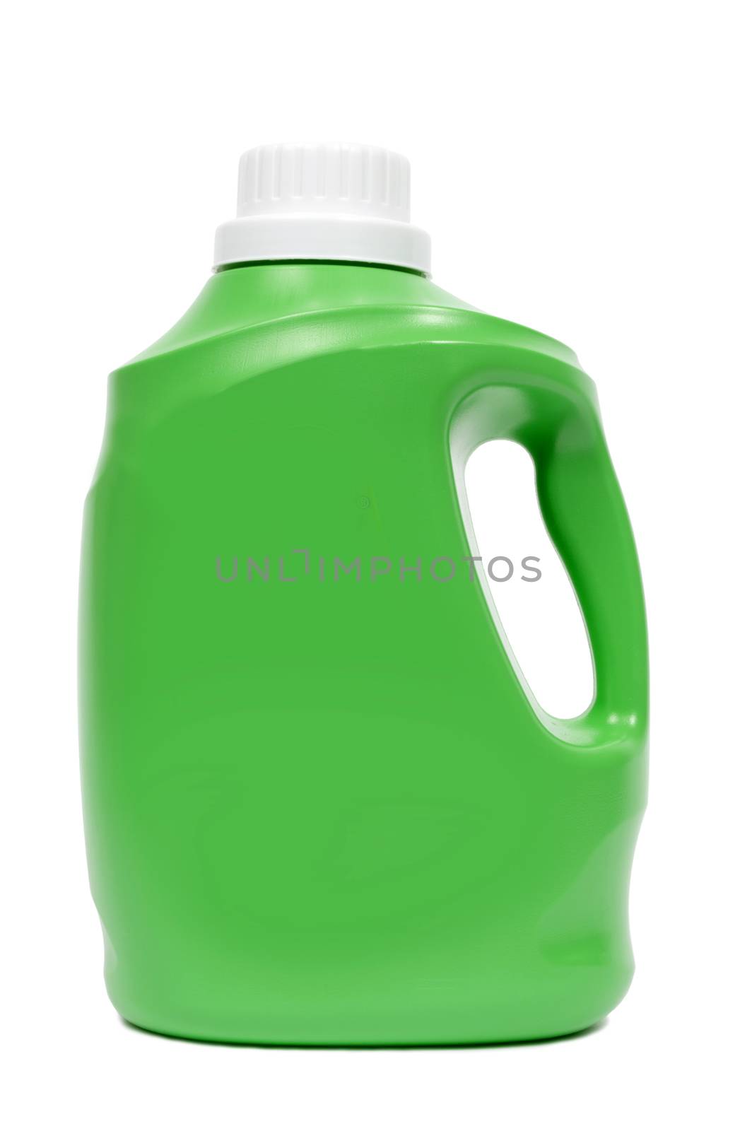 Vertical shot of green detergent container on white background with blank front for your copy.