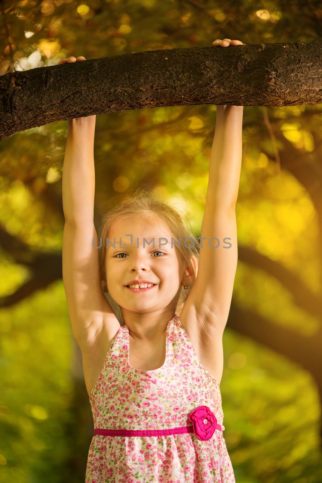 Cute little girl having fun on the tree in the park