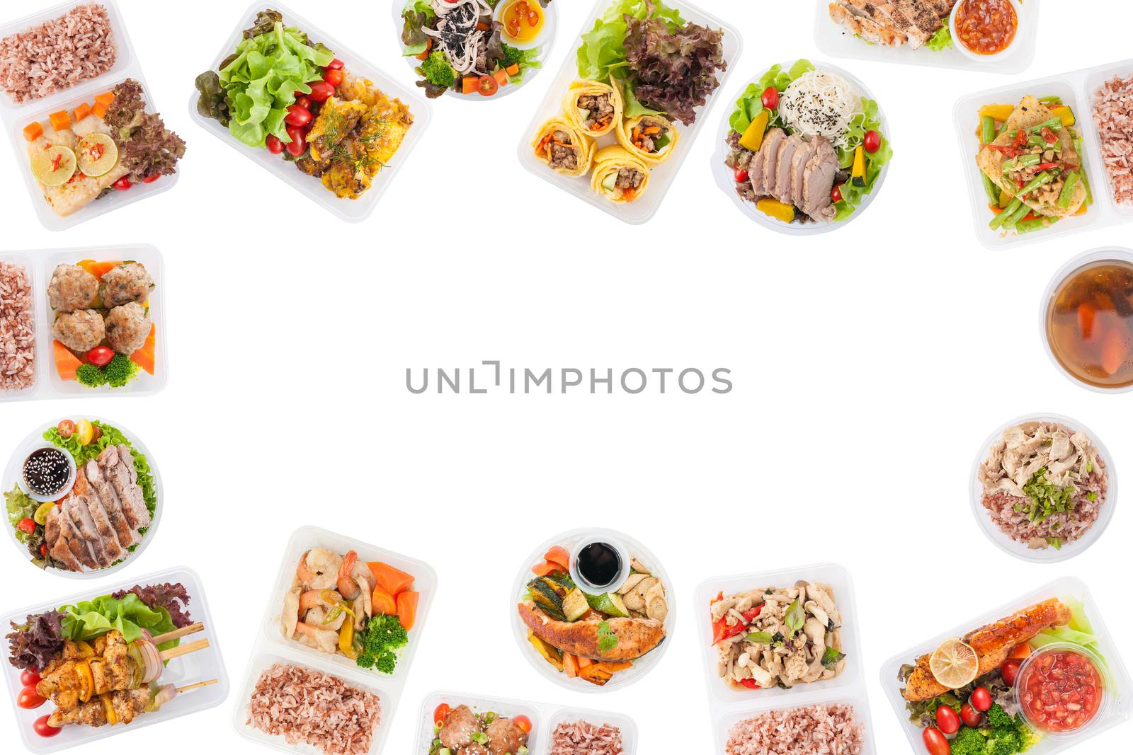 Modern style cuisine cooked by clean food concept including European, Japanese, Thai, and Chinese food style in lunch box on white background with blank area for text or messages