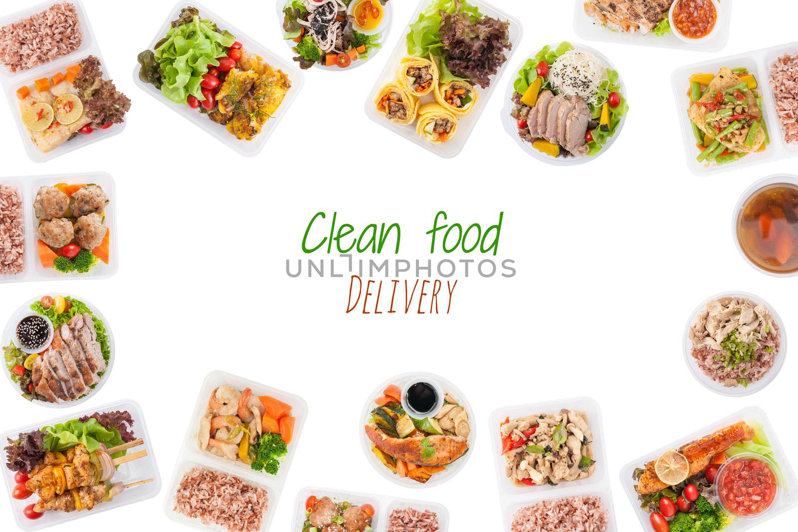 "Clean food delivery" is wriiten on white background with modern style cuisine cooked by clean food concept including European, Japanese, Thai, and Chinese food style in lunch box