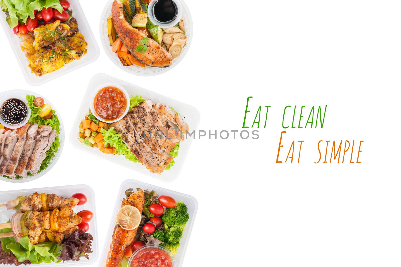 "Eat clean Eat simple" is wriiten on white background with modern style cuisine cooked by clean food concept including European, Japanese, Thai, and Chinese food style in lunch box