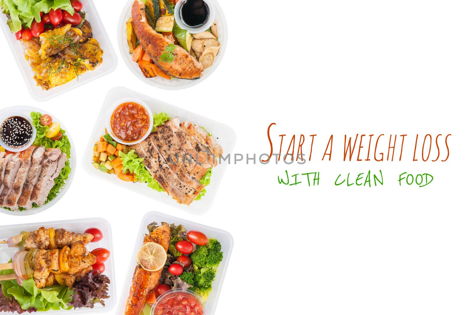 "Start a weight loss with clean food" is wriiten on white background with modern style cuisine cooked by clean food concept including European, Japanese, Thai, and Chinese food style in lunch box