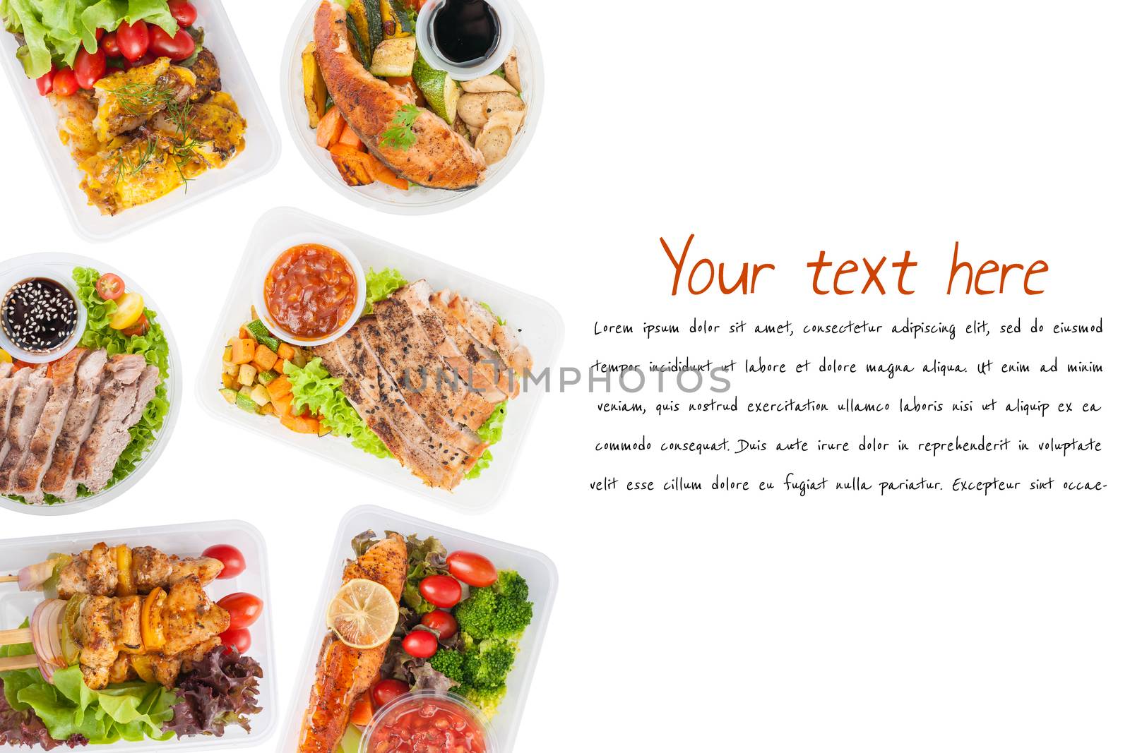 Modern style cuisine cooked by clean food concept including European, Japanese, Thai, and Chinese food style in lunch box on white background with easy removable text "lorem ipsum"