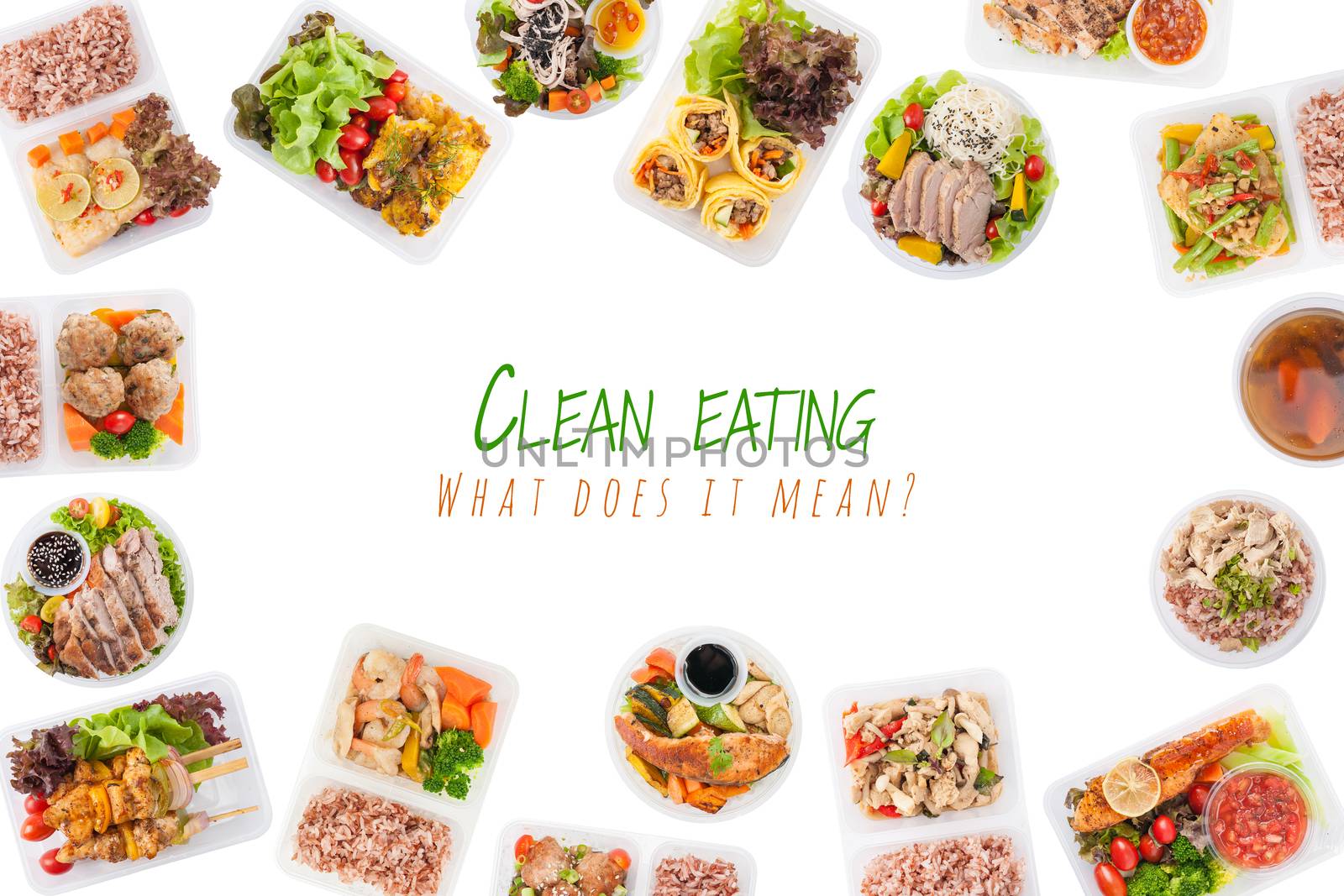 "Clean eating, What does it mean?" is wriiten on white background with modern style cuisine cooked by clean food concept including European, Japanese, Thai, and Chinese food style in lunch box