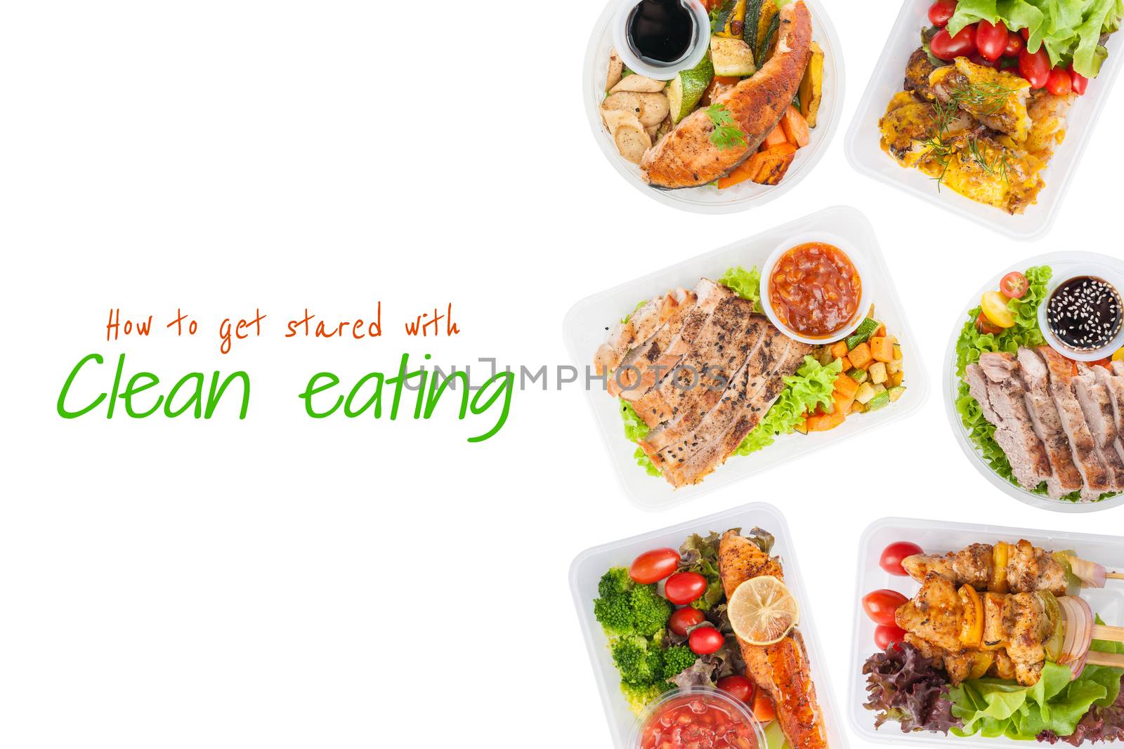 "How to get started with clean eating" is wriiten on white background with modern style cuisine cooked by clean food concept including European, Japanese, Thai, and Chinese food style in lunch box