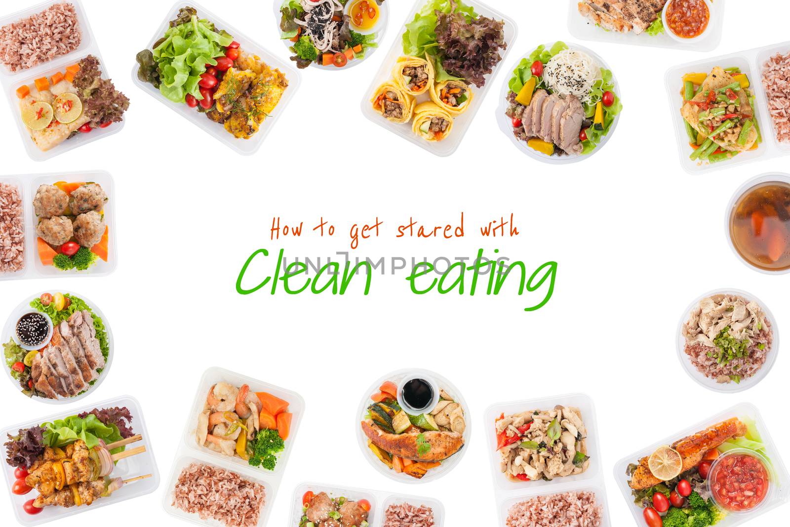 "How to get started with clean eating" is wriiten on white background with modern style cuisine cooked by clean food concept including European, Japanese, Thai, and Chinese food style in lunch box
