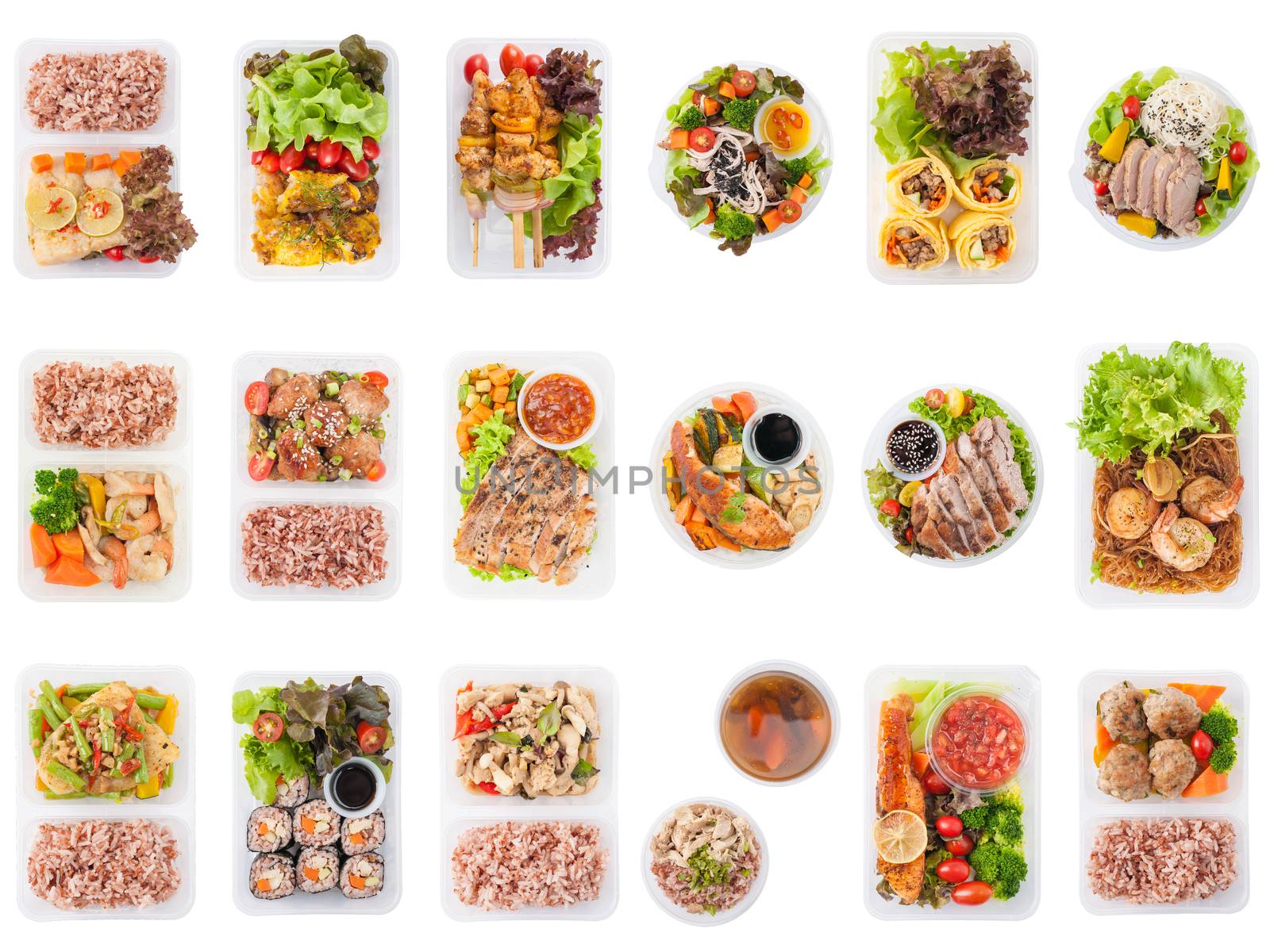 Collection of modern style cuisine cooked by clean food concept including European, Japanese, Thai, and Chinese food style in lunch box isolated on white background