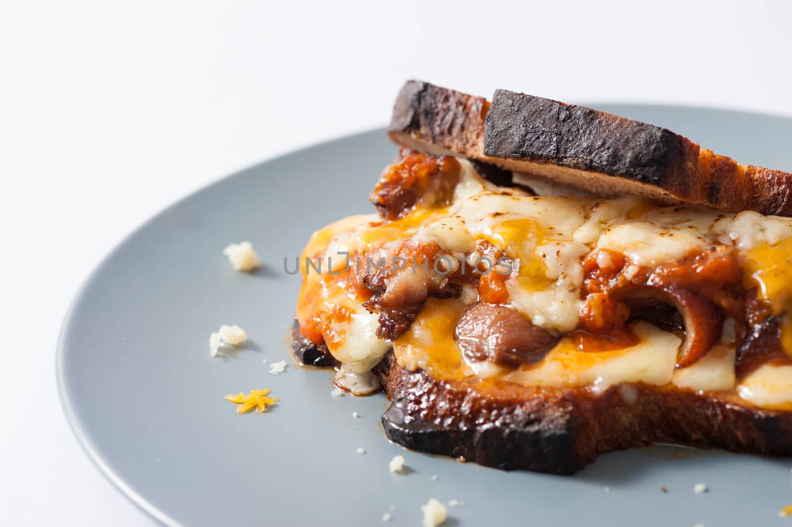 Toasted sandwich with chicken and various types of  cheese