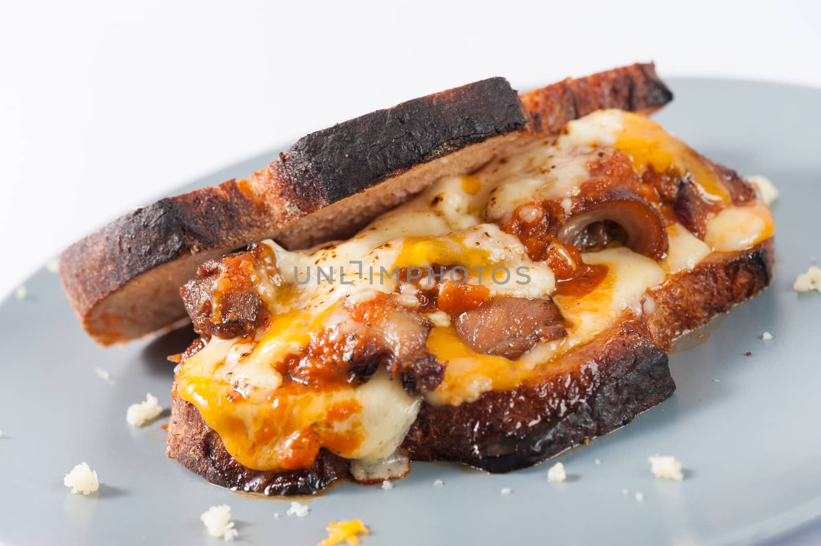 Toasted sandwich with chicken and various types of  cheese