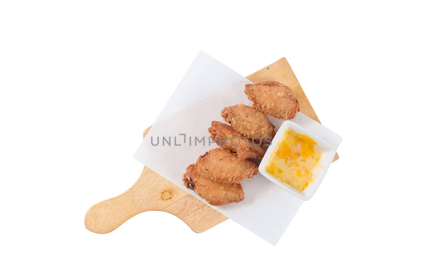 Deep fried chicken wings with various types of cheese for dipping isolated on white background with clipping path
