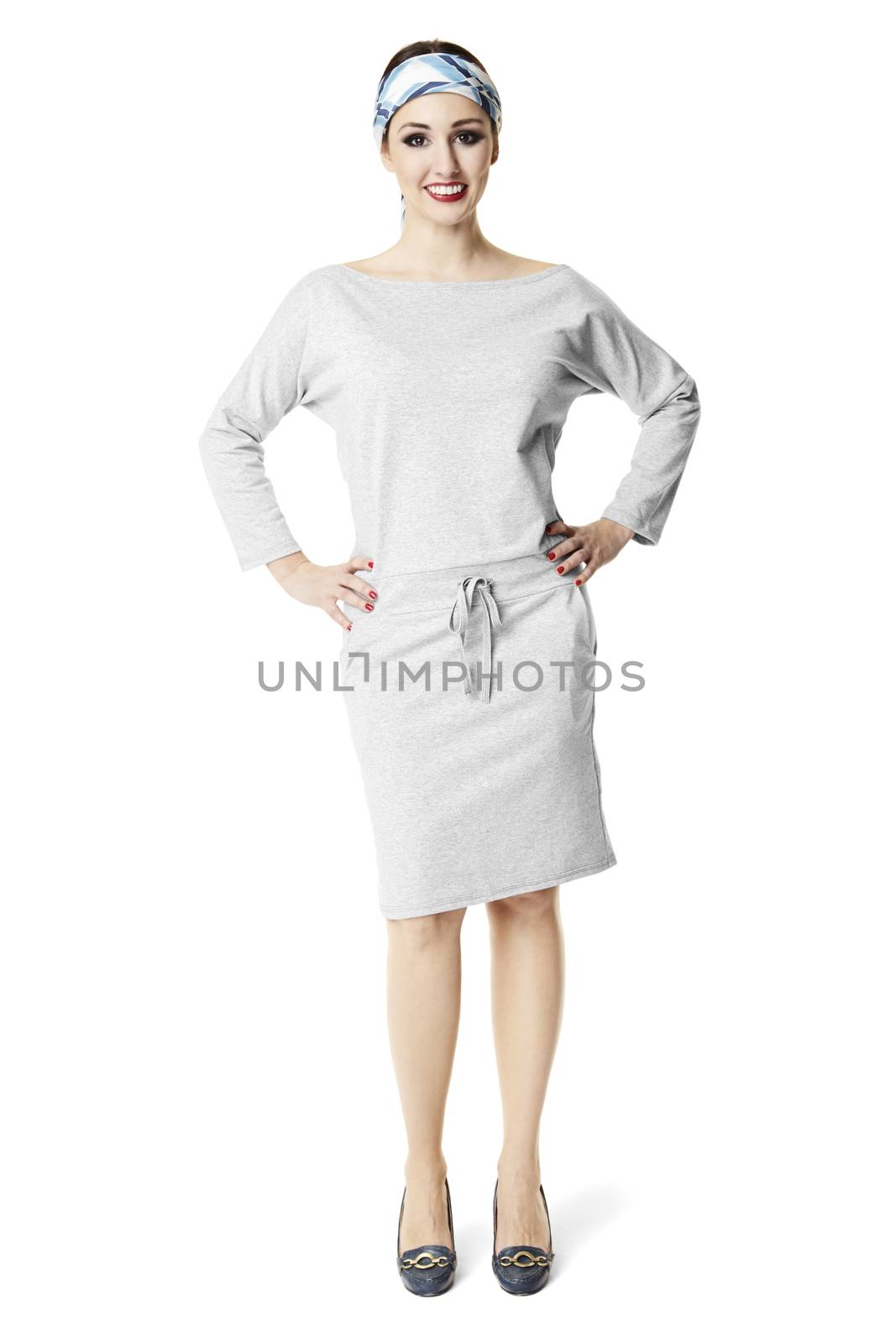 Full length portrait of attractive smiling housewife. Isolated on white background.