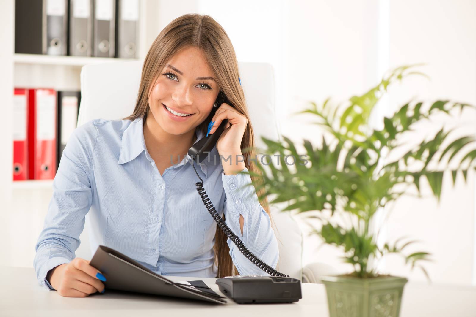 Beautiful Businesswoman telephoning and working in the office.