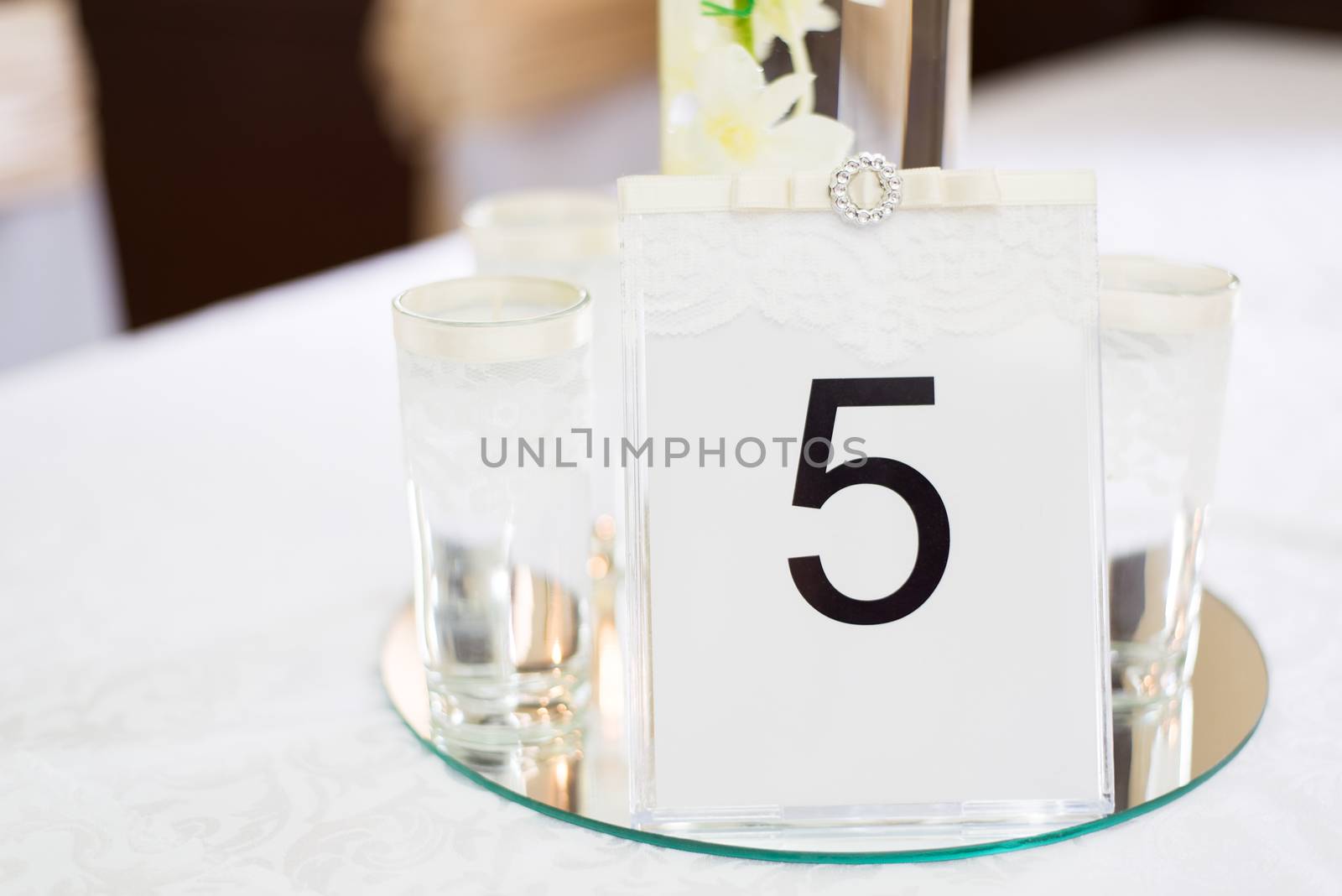 Place setting and card on a table at a wedding reception