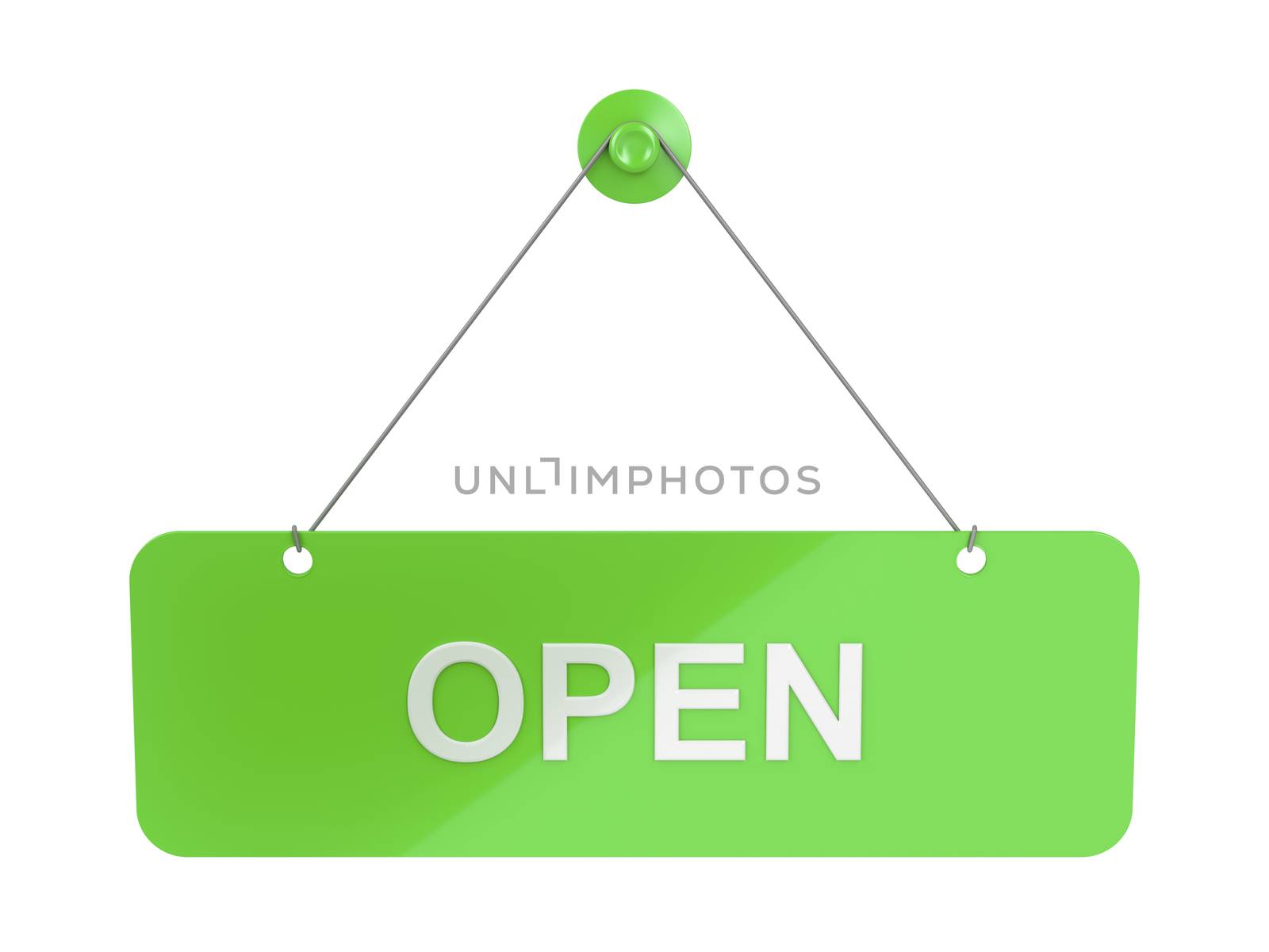 Green hanging door plate with Open sign, isolated on white