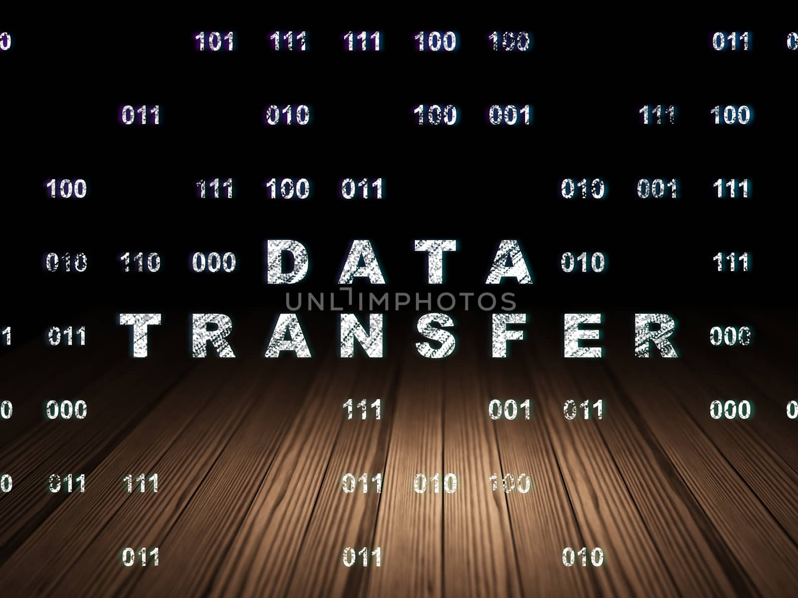Information concept: Glowing text Data Transfer in grunge dark room with Wooden Floor, black background with Binary Code