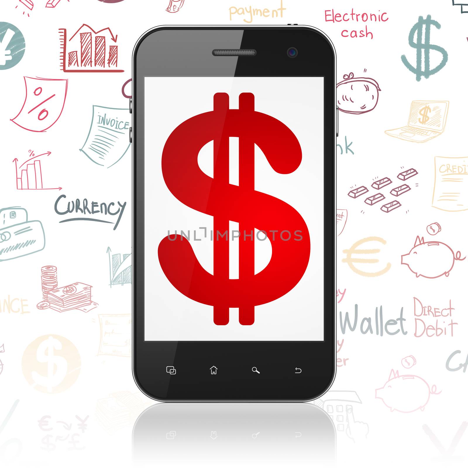 Money concept: Smartphone with  red Dollar icon on display,  Hand Drawn Finance Icons background