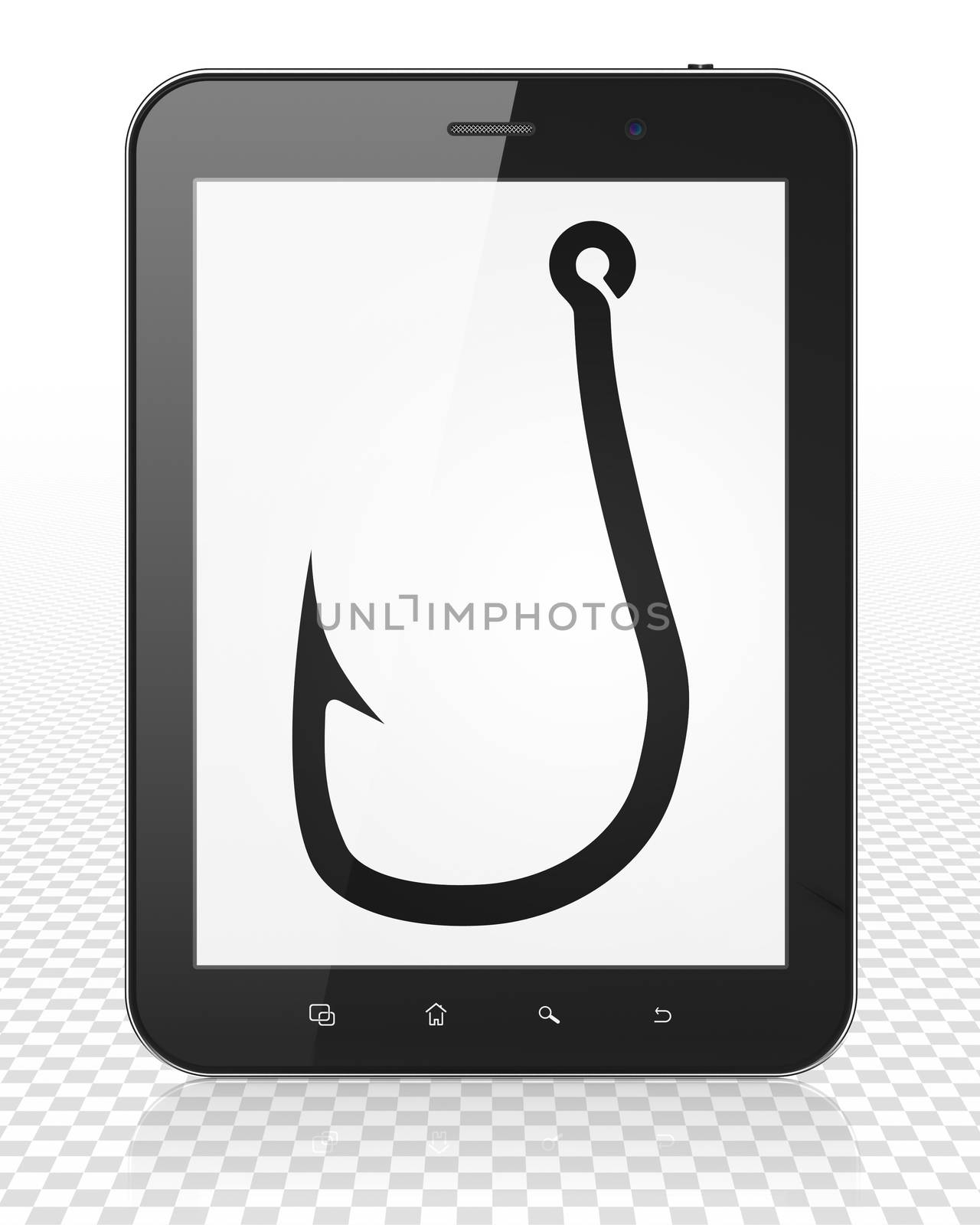 Privacy concept: Tablet Pc Computer with black Fishing Hook icon on display