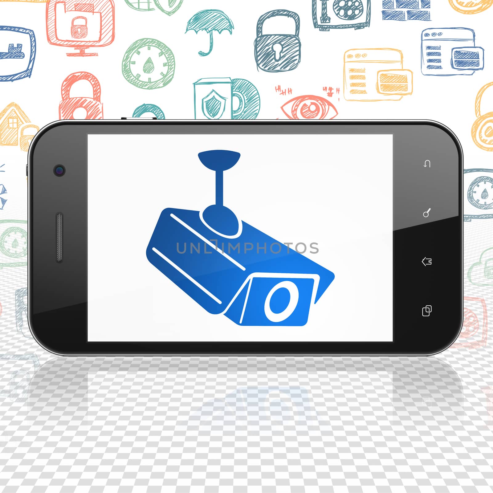 Security concept: Smartphone with  blue Cctv Camera icon on display,  Hand Drawn Security Icons background