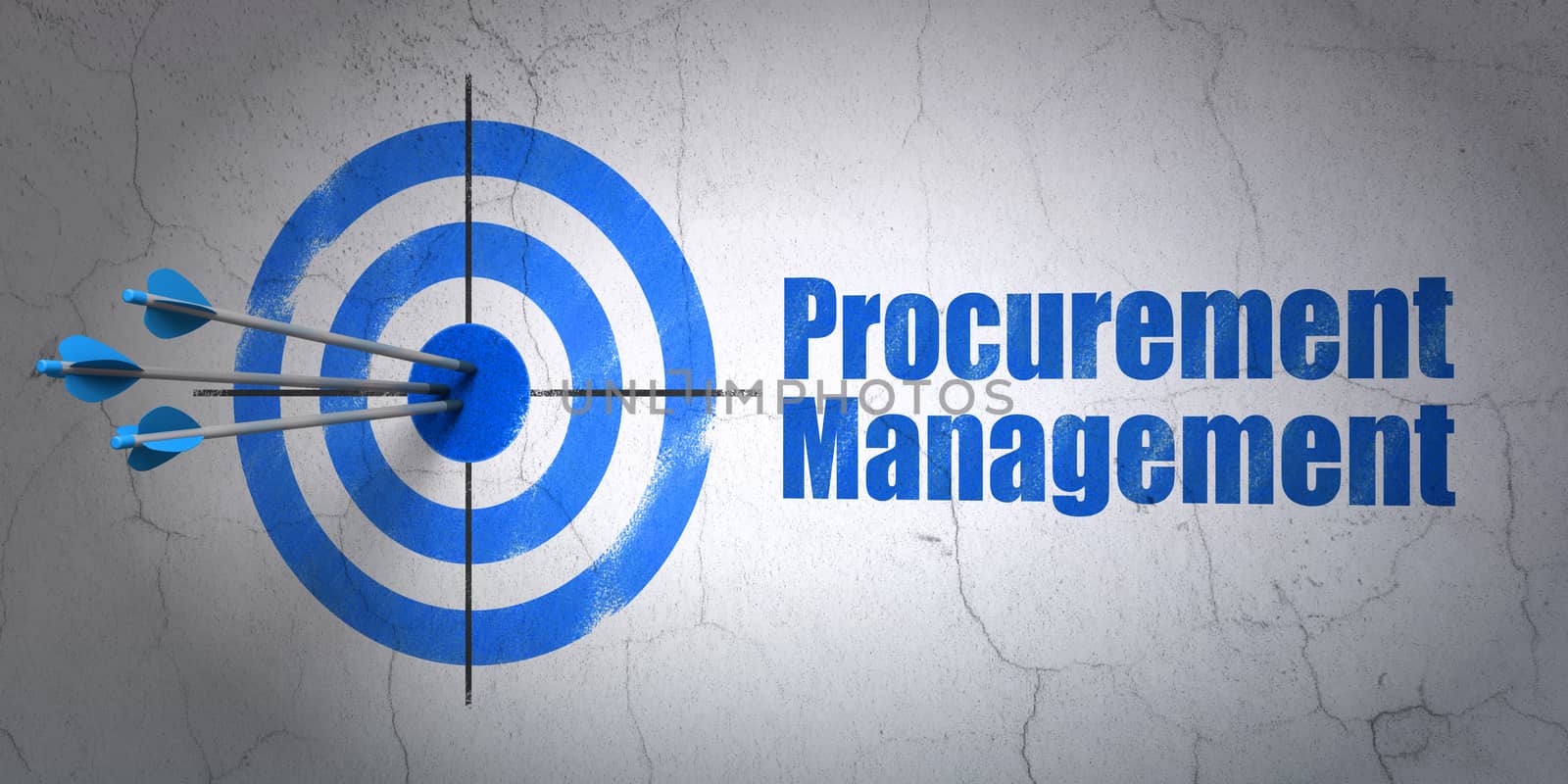 Success finance concept: arrows hitting the center of target, Blue Procurement Management on wall background, 3D rendering