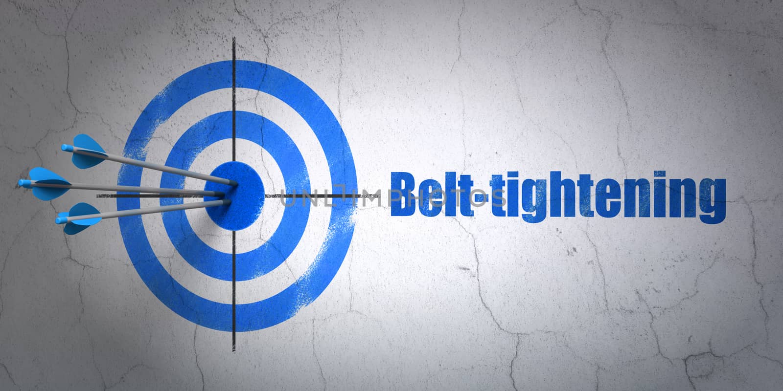 Success finance concept: arrows hitting the center of target, Blue Belt-tightening on wall background, 3D rendering