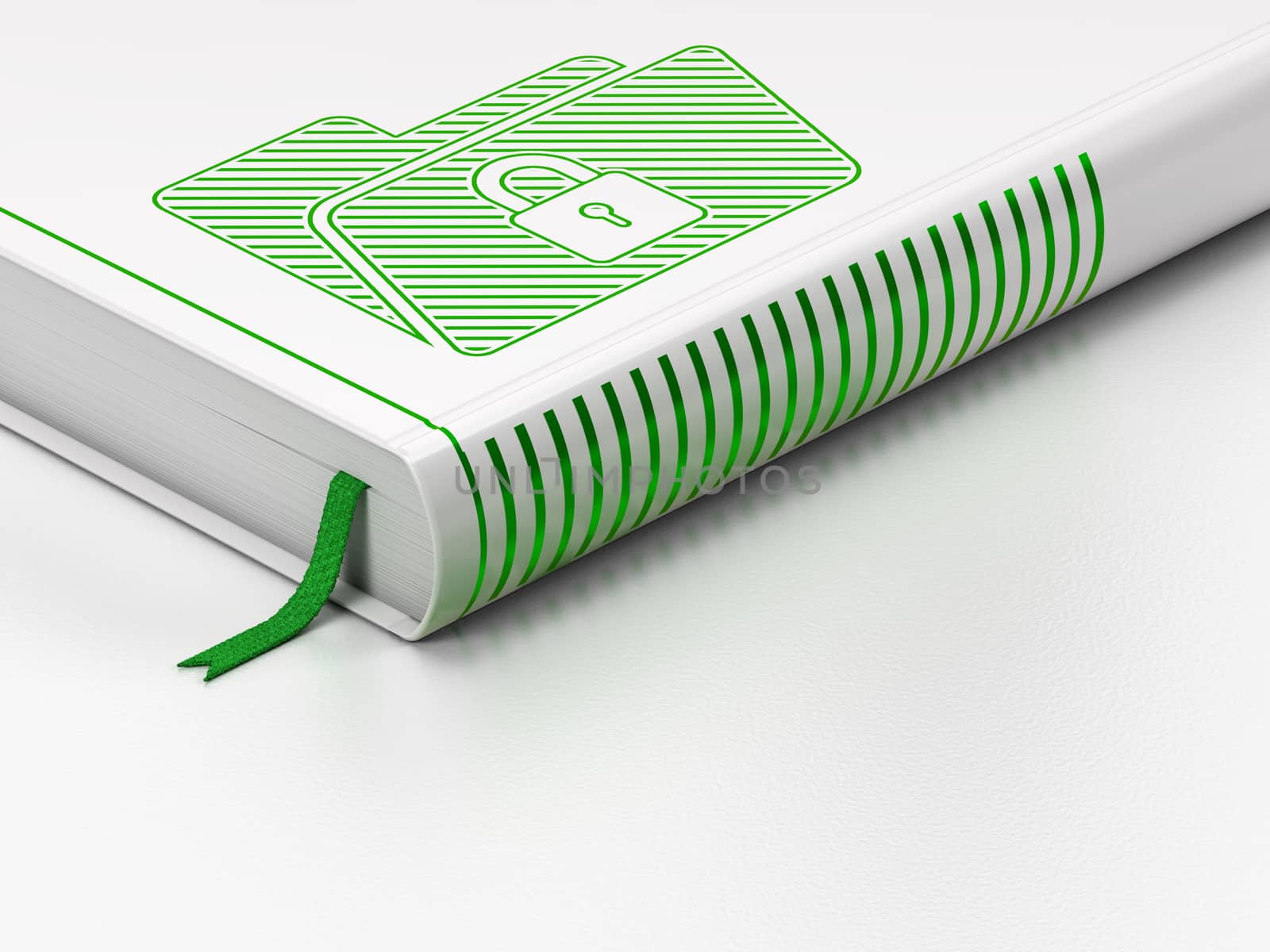 Finance concept: closed book with Green Folder With Lock icon on floor, white background, 3d render