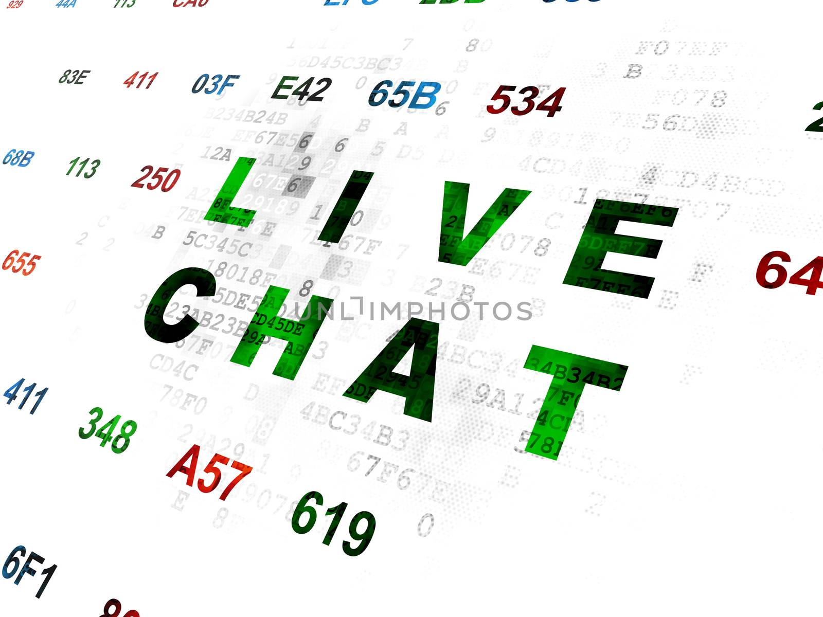 Web design concept: Pixelated green text Live Chat on Digital wall background with Hexadecimal Code