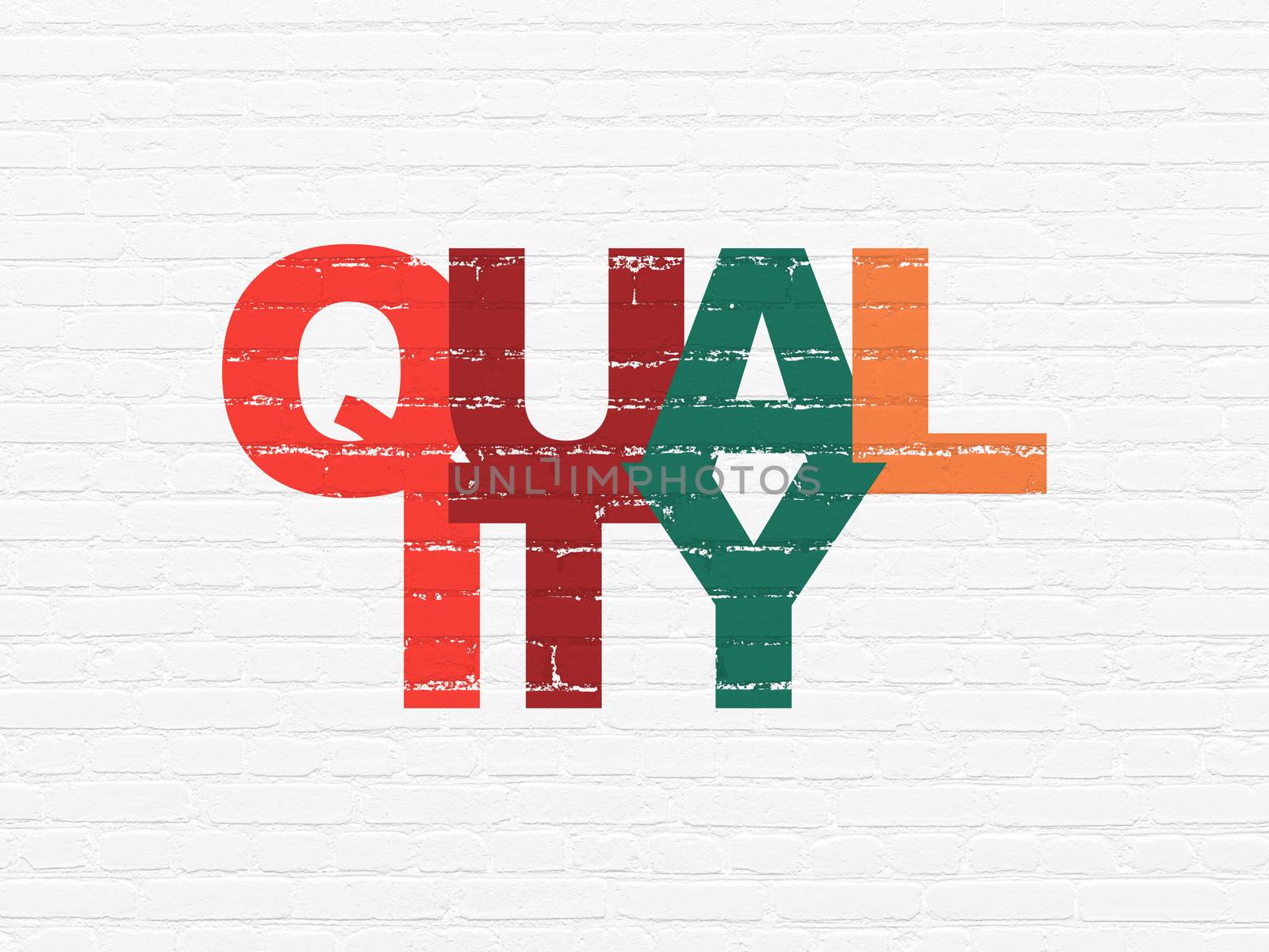 Advertising concept: Painted multicolor text Quality on White Brick wall background